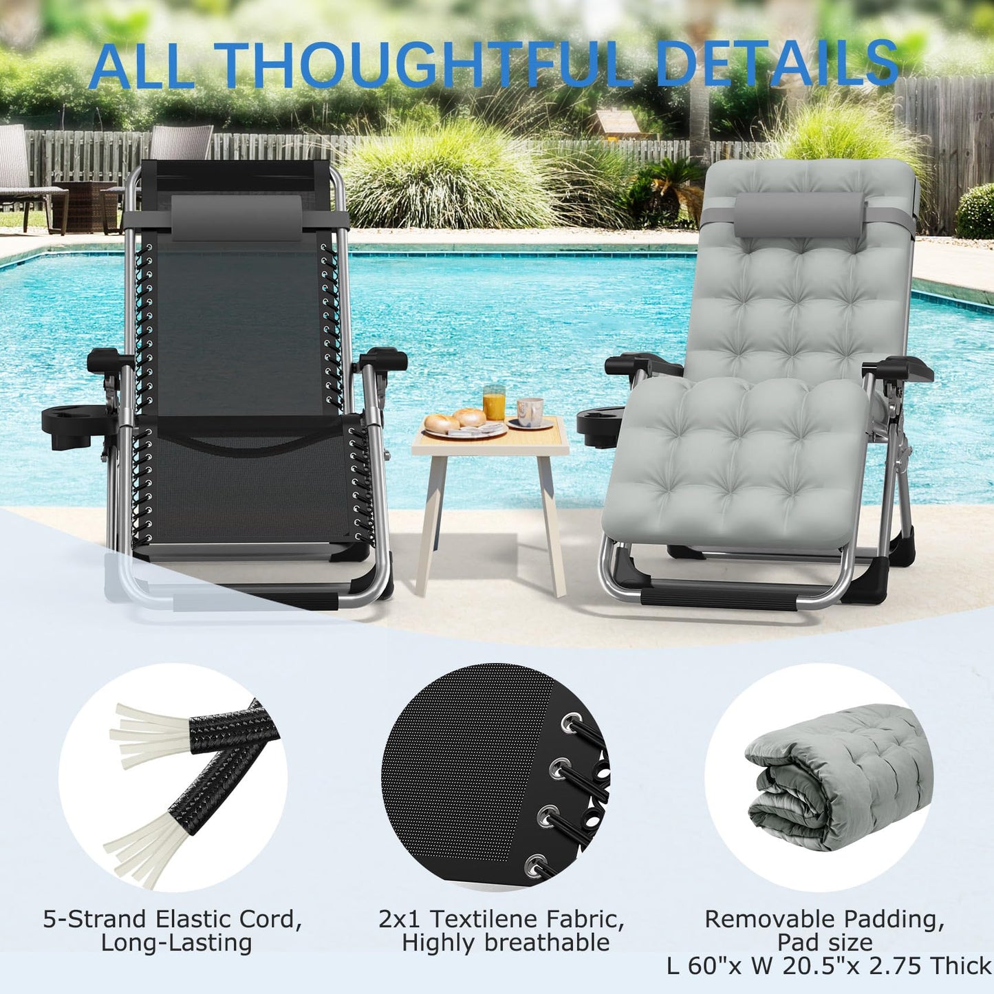 Slendor Zero Gravity Chair Lounge Chair Recliner w/Upgraded Lock and Removable Cushion, Reclining Camping Chair w/Cup Holder Tray & Headrest, Folding Reclining Patio Chairs for Indoor Outdoor, Gray