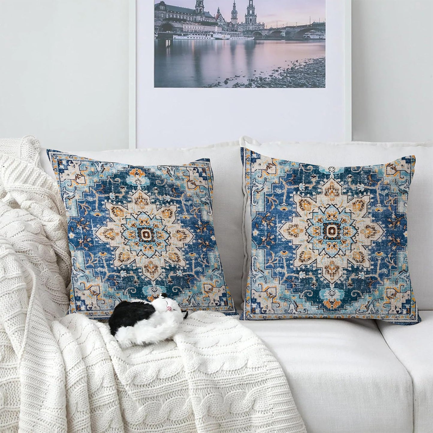 infenhiy Throw Pillow Covers Pack of 2 Double-Sided Printing Home Indoor and Outdoor Sofa Bed Decor 18 x 18 Inch pillowcover (Blue Light Blue Bohemian Pattern, 18x18Inch)