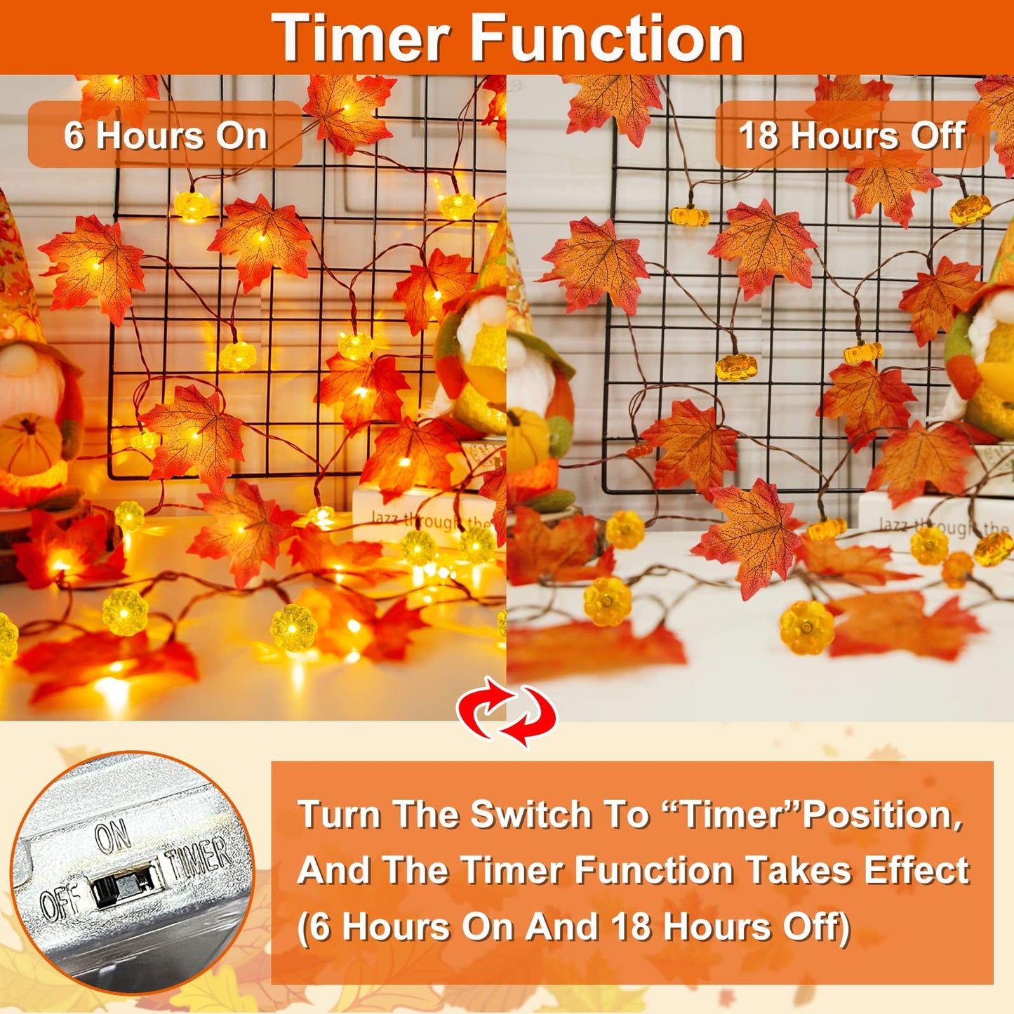 2 Pack & Timer - Fall Garland with Pumpkin Lights Fall Decorations for Home 60 LED 20 Ft Enlarged Maples Leaves Fall Lights Battery Operated Halloween Thanksgiving Indoor Porch Bedroom Wedding Decor