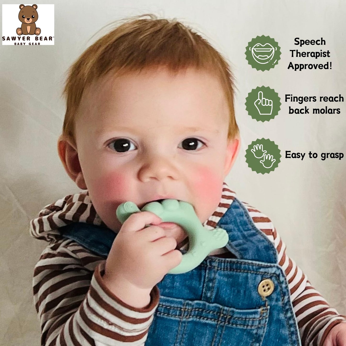I Love You Silicone Hand Teether by Sawyer Bear Baby Gear, Teethers for Babies 3-6 Months, Soft Teething Toys 6-12 Months bpa Free, Massaging Teething Relief (Light Green)