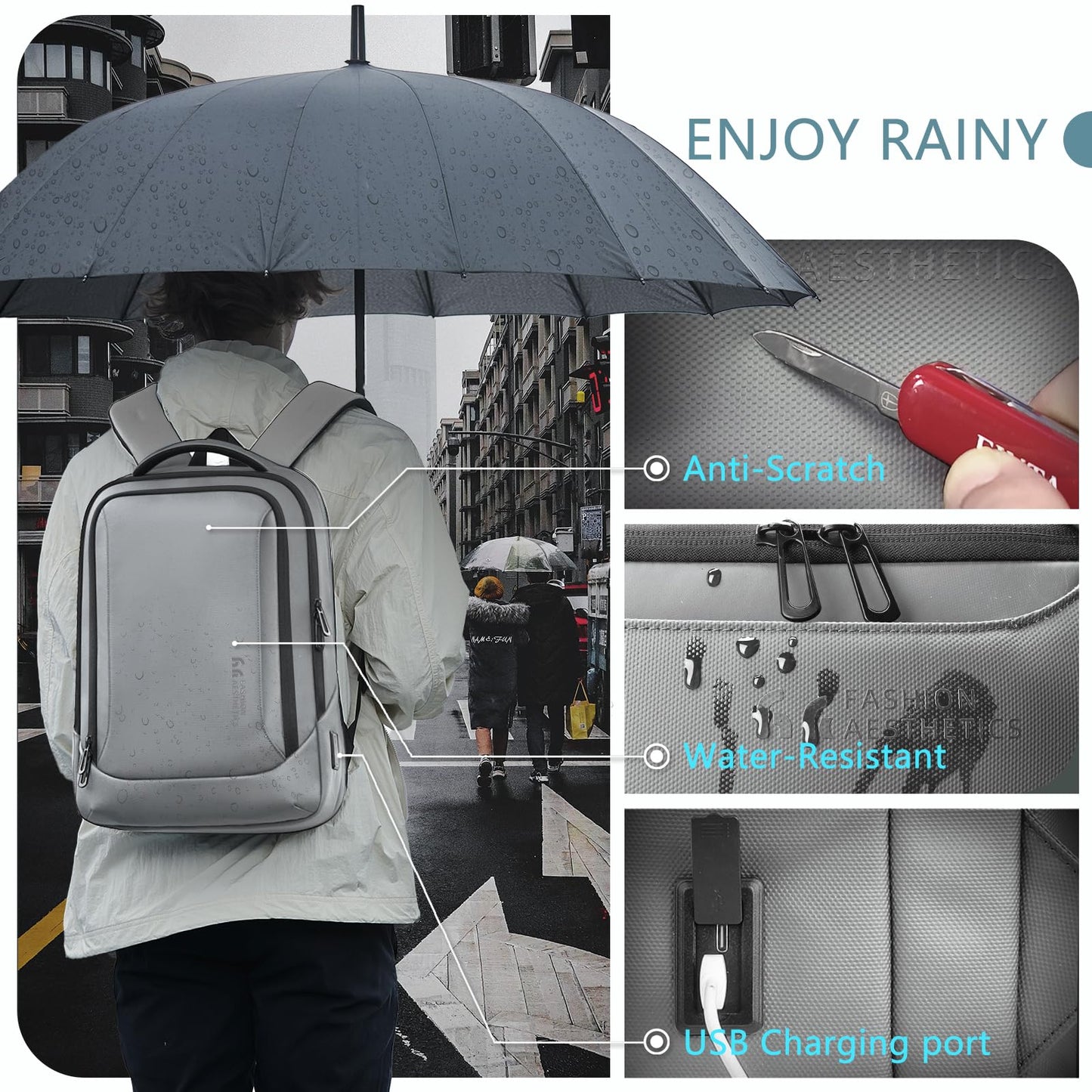 hk Laptop Backpack for Men with USB Charging Port Water-Resistant for 15.6 Inch Computer Bag Durable High-Tech Daypack Casual Backpack for Business Work College Weekender Travel- Grey