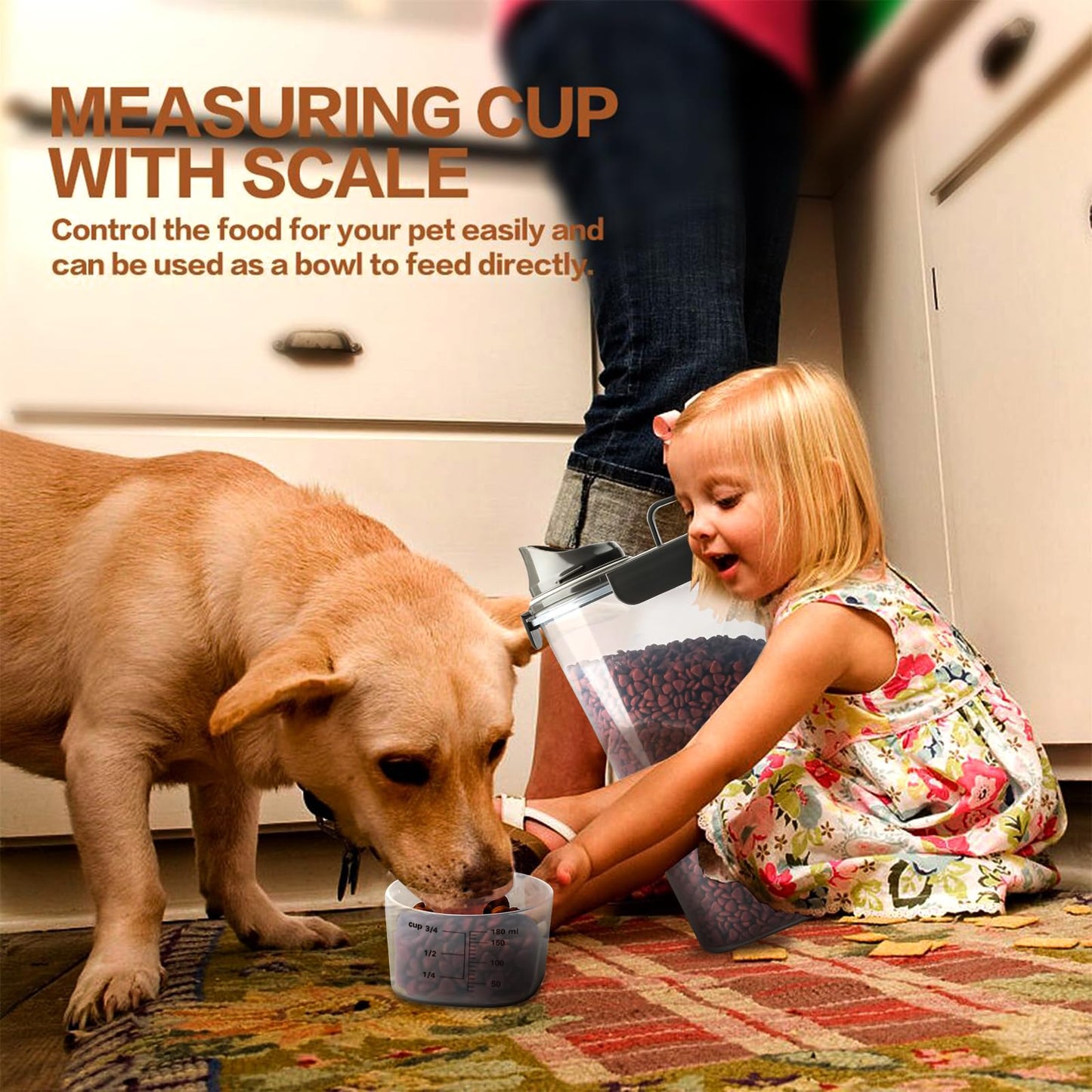 TIOVERY Dog Food Storage Container, 5-7 Lbs Airtight Pet Food Container, Cat Food Container Dispenser Plastic Bin with Pouring Spout, Portable Handle and a Collapsible bowl for Dogs Cats Grey/6Qt