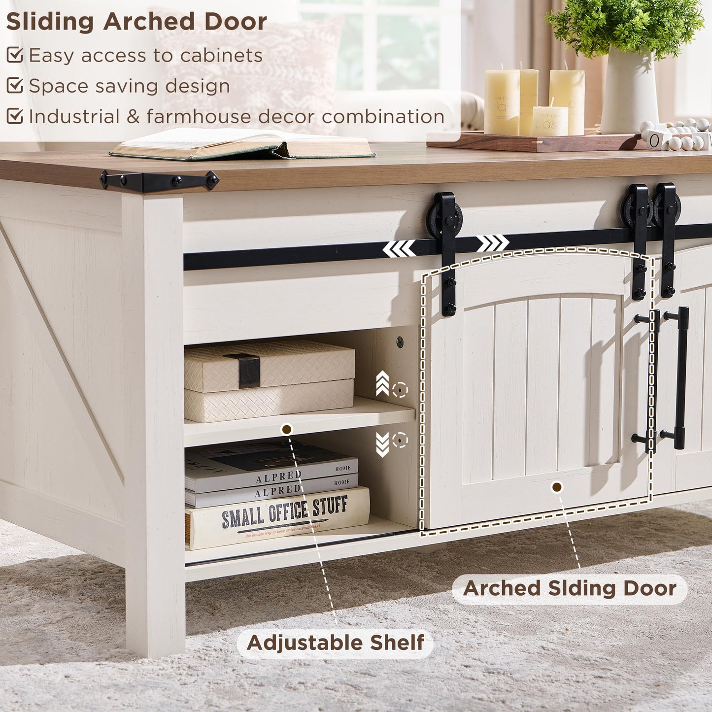 OKD Farmhouse Lift Top Coffee Table with Sliding Door, 48" Large Rustic Center Table with Hidden Storage Compartment, Lifting Tabletop, Adjustable Shelf for Living Room, Office,Antique White