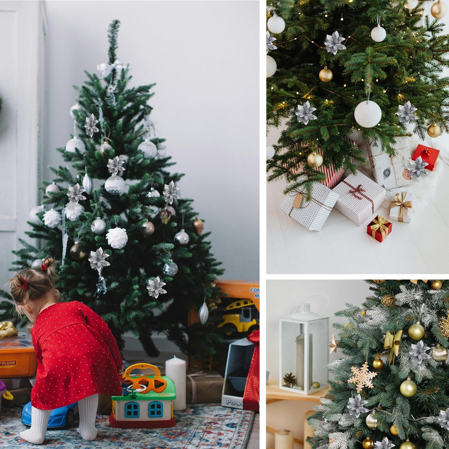 YUAGOLLE Christmas Artificial Poinsettia Flowers: 12pcs Silver Poinsettia With Clips Silk Glitter Picks Fake Floral, For Decorations, Xmas tree decor, Wreath Garland Bulk, Wedding, New Year ornaments.