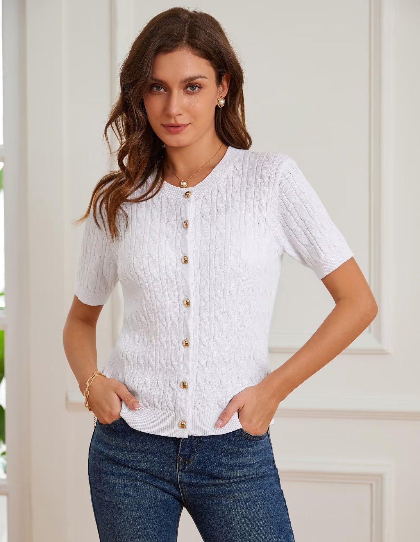 GRACE KARIN Women's Short Sleeve Sweater Cardigan Button Up White Sweater Cable Knit Soft Dressy Cardigan M