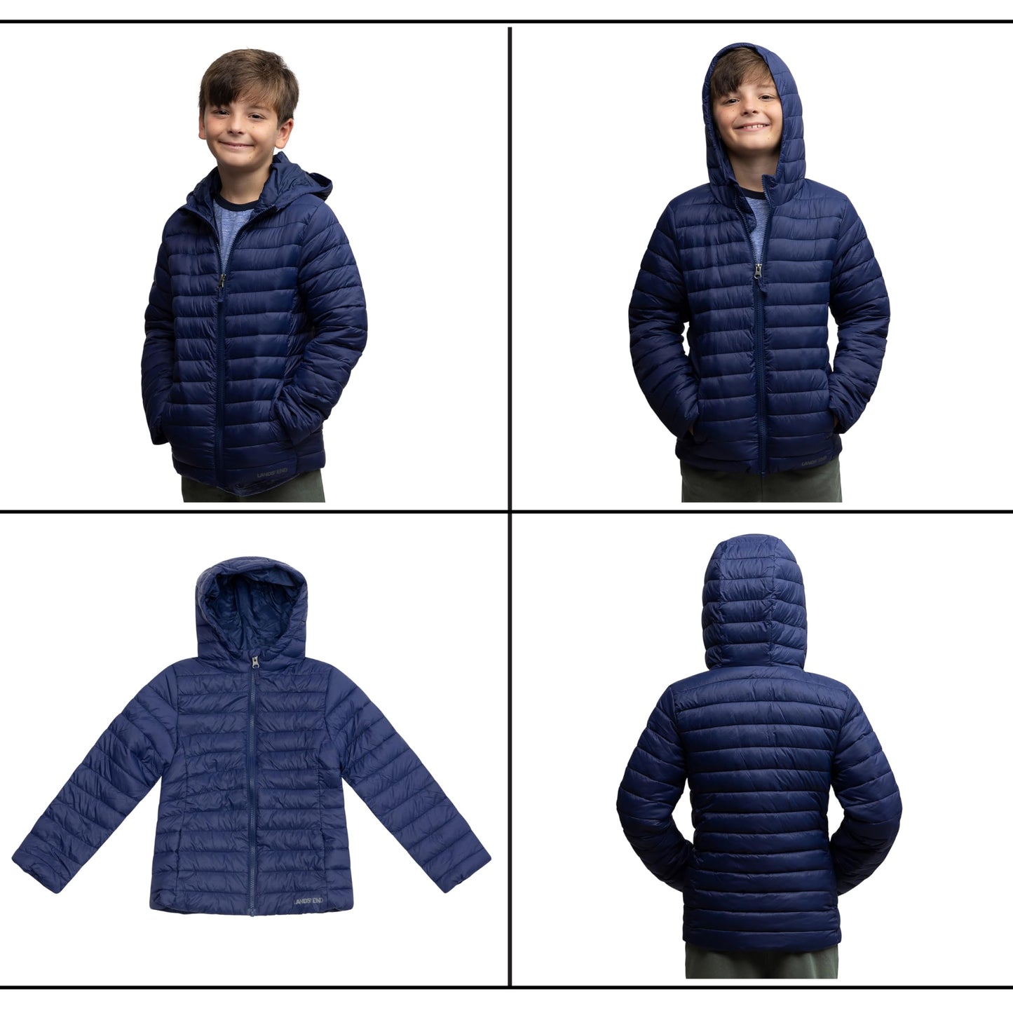 Lands' End Kids Full Zip Lightweight Thermoplume Hooded Jacket, Navy, Large