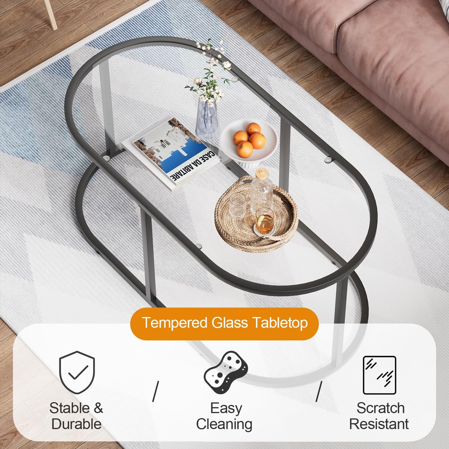 Wolawu Coffee Table Black Glass Coffee Tables for Living Room, Oval Table Center Table with Sturdy Metal Frame,Modern Tempered Glass Accent Tables for Bedroom Home Office