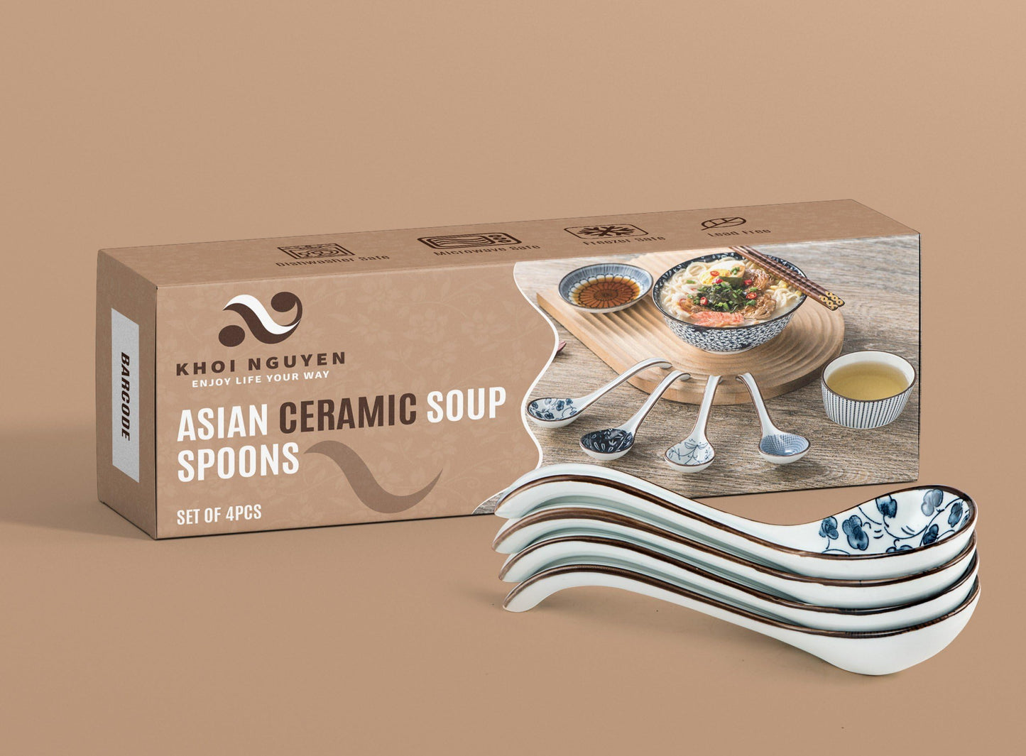KHOI NGUYEN Asian Soup Spoon Set of 4, Ceramic Pho Spoons, Ramen Spoon, Chinese Soup Spoons, Vietnamese Gifts, Non-Slip, Dishwasher Safe for Ramen, Pho, Wonton, Miso, Dumplings, 4pcs