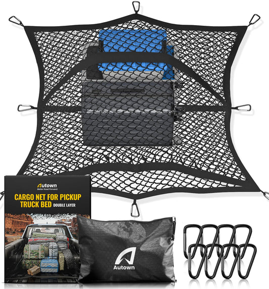 Cargo Net for Pickup Truck Bed - Stretchable 4'x4' to 7'x7', High Elastic Fine Mesh 1''x1'' with 8 Metal Carabiners - Ideal for ATV, SUV, UTV, Truck and Boat Use (Single Layer)