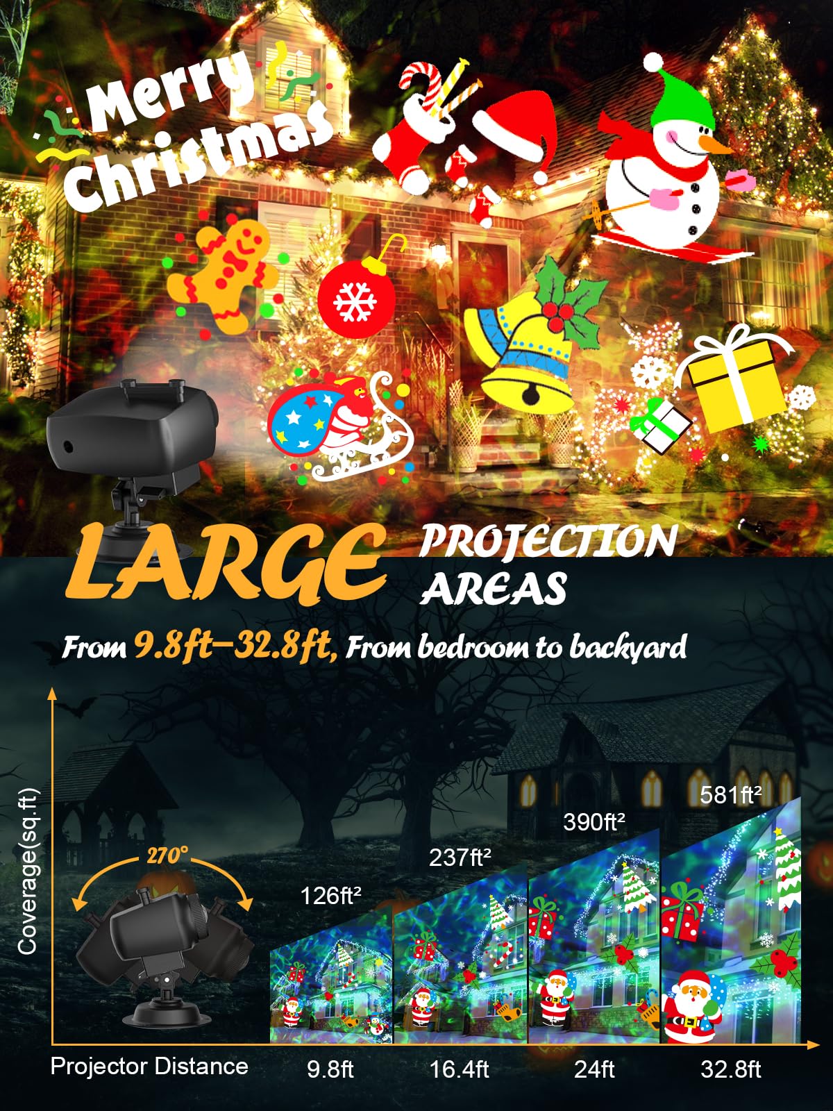 8-Pattern Christmas Projector Lights Outdoor, Anysun Brighter 160 HD Patterns Christmas Decorations, 2-in-1 Ocean Wave Snowflake Holiday Projector Waterproof with Timer for Garden Party Landscape Show