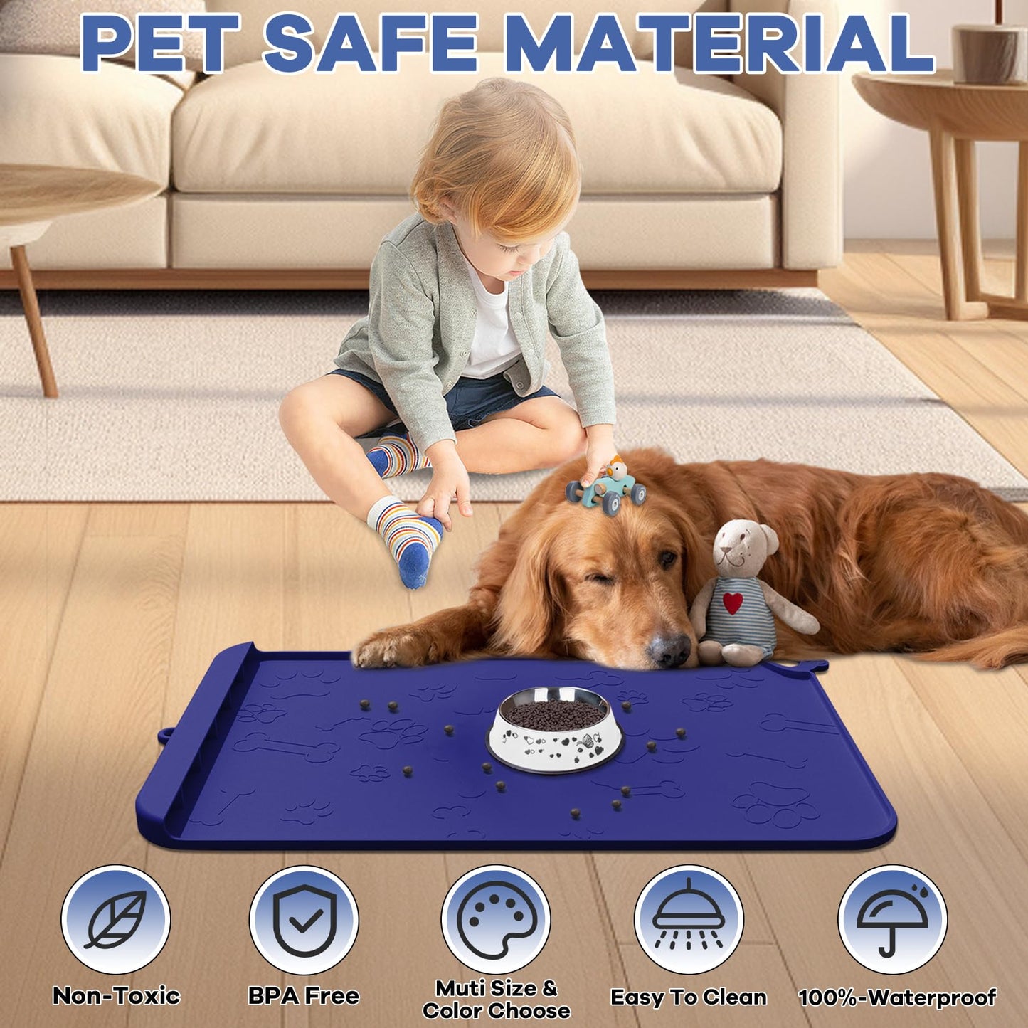 Pet Feeding Mat, Dog Food Mat, 24''x16'' Silicone Pet Feeding Mats with Residue Collection Pocket, Waterproof Dog Cat Bowl Mats for Food and Water with Edge and Hook, Tray for Dog Bowls, Navy Blue