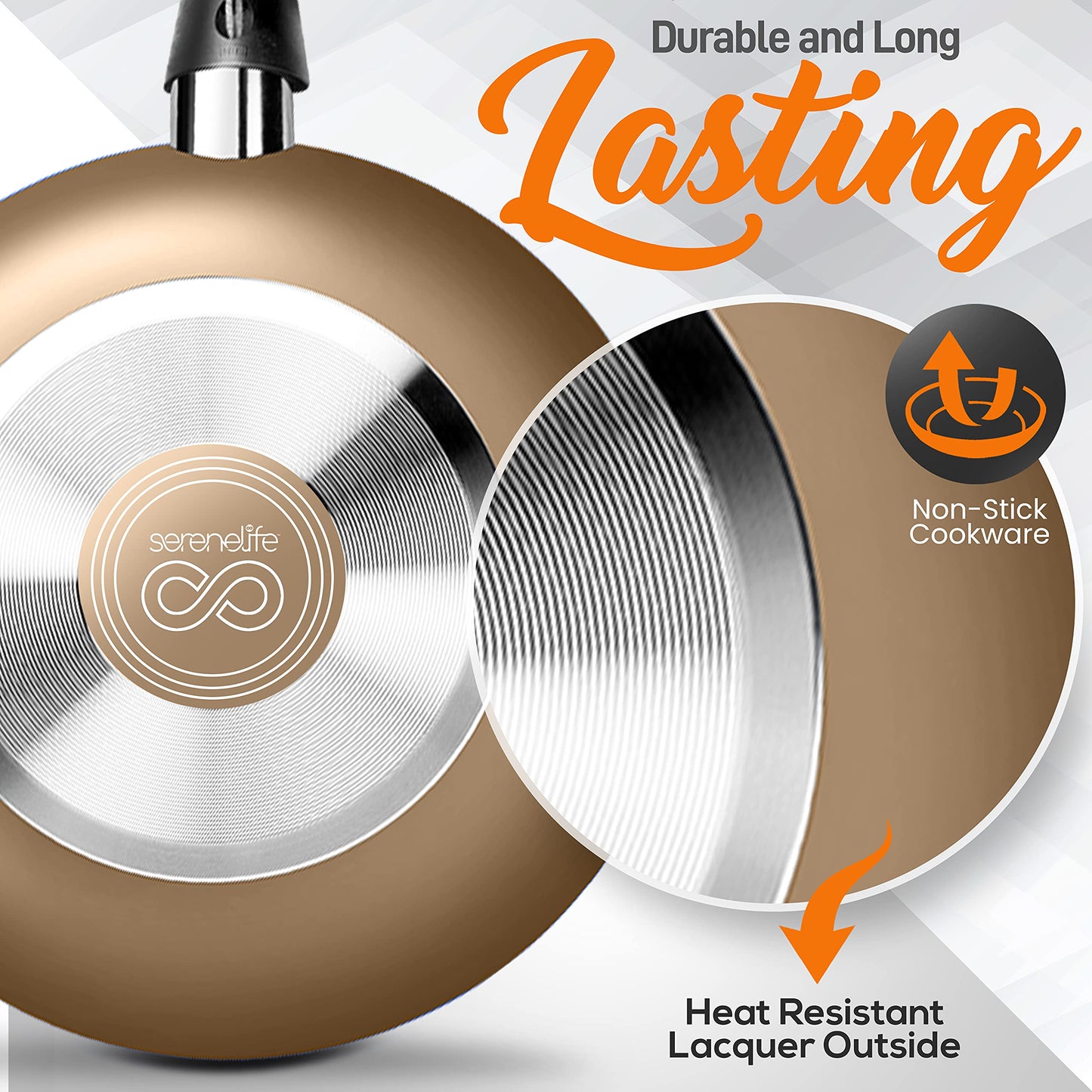 SereneLife Kitchenware Pots & Pans Basic Kitchen Cookware, Black Non-Stick Coating Inside, Heat Resistant Lacquer (15-Piece Set), One Size, Gold