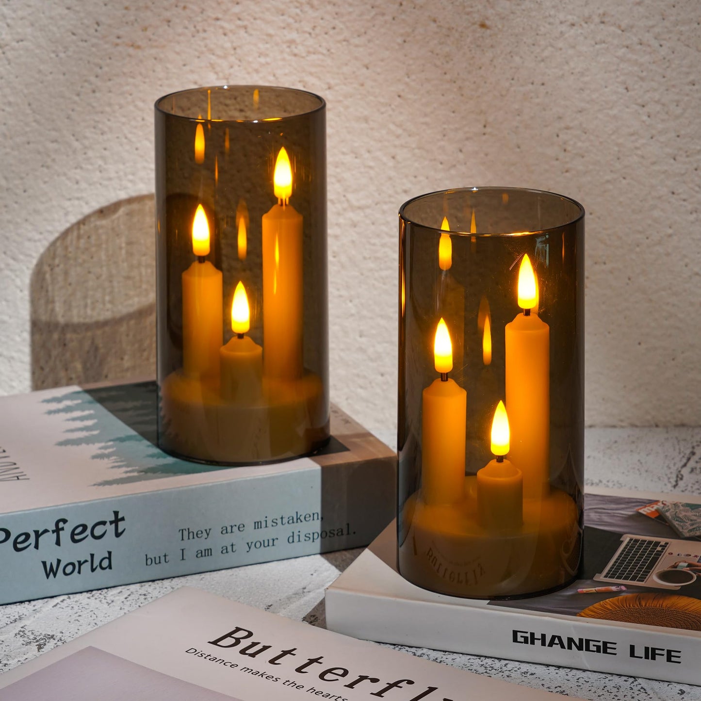 Da by Flameless Candle, Battery-Powered Candle with Remote Control and Timer, LED Three-Wick Pillar Candle, Romantic Wedding, Perfect Home Décor, 2 Pack (Grey)