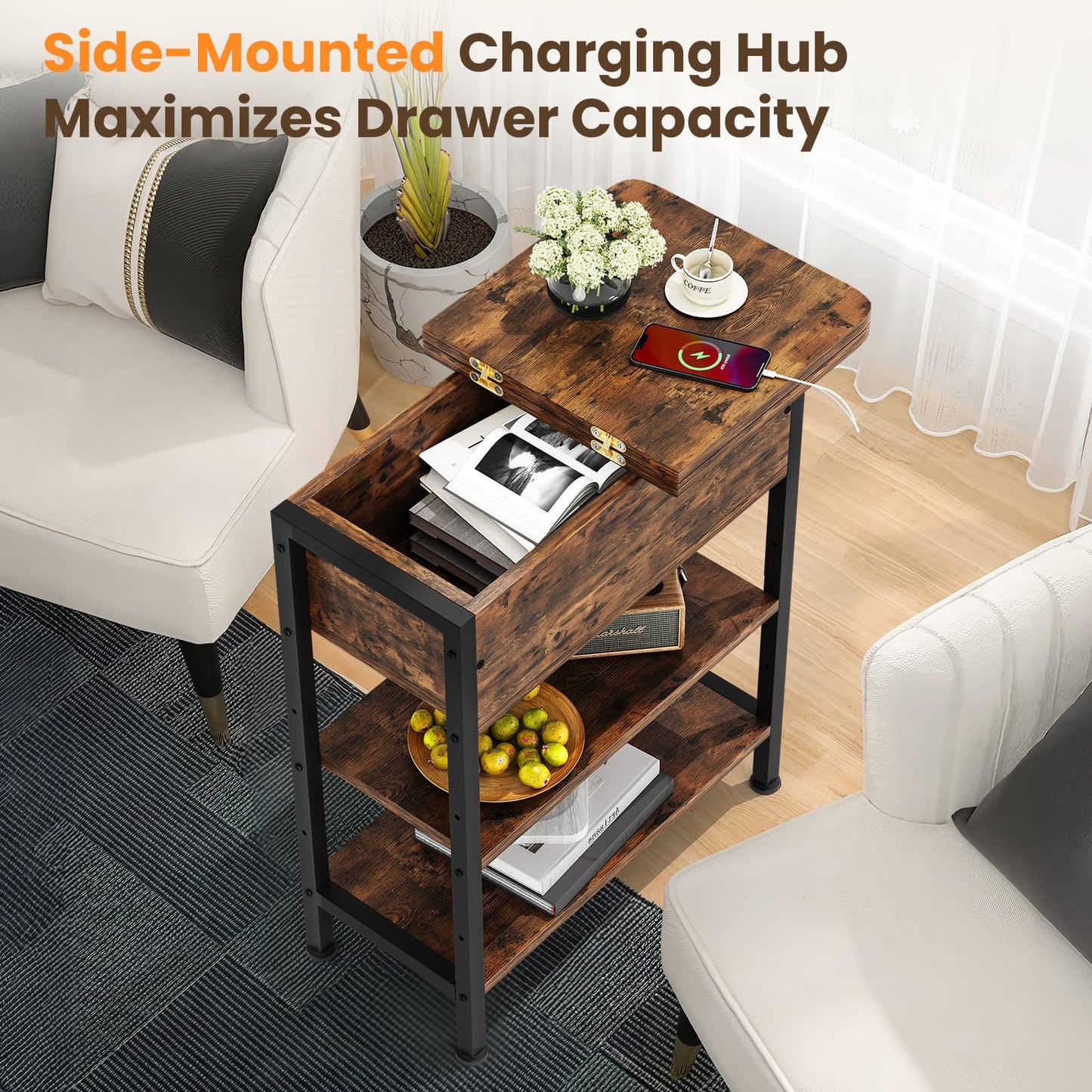 GRUSIGN End Table with Charging Station, Flip Top Side Table with USB Ports and Outlets, 3-Tier Small Side Table with Storage for Small Space, End Tables for Living Room/Bedroom, Brown