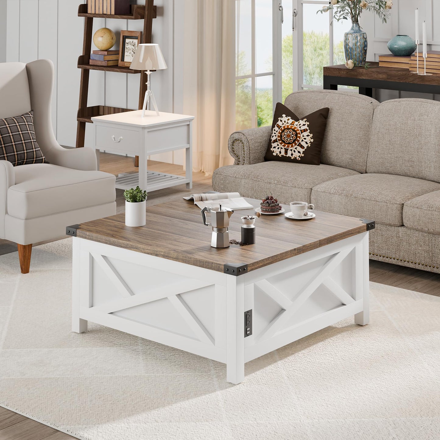 MU Lift Top Coffee Table, Square Coffee Table with Hidden Storage, Farmhouse Wood Table with Charging Station and Barn Door for Living Room, White