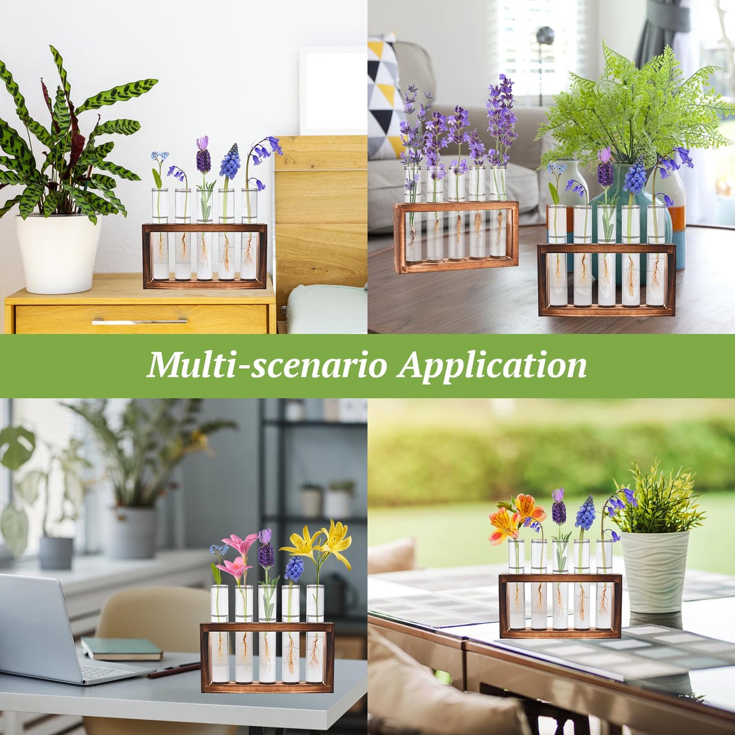 Tigvio 2pcs Desktop Glass Plant Propagation Station with 10 Test Tubes in Wooden Stand - Hydroponic Plants Cutting Office Home Decoration and Garden Decor Terrarium (10 Tubes)