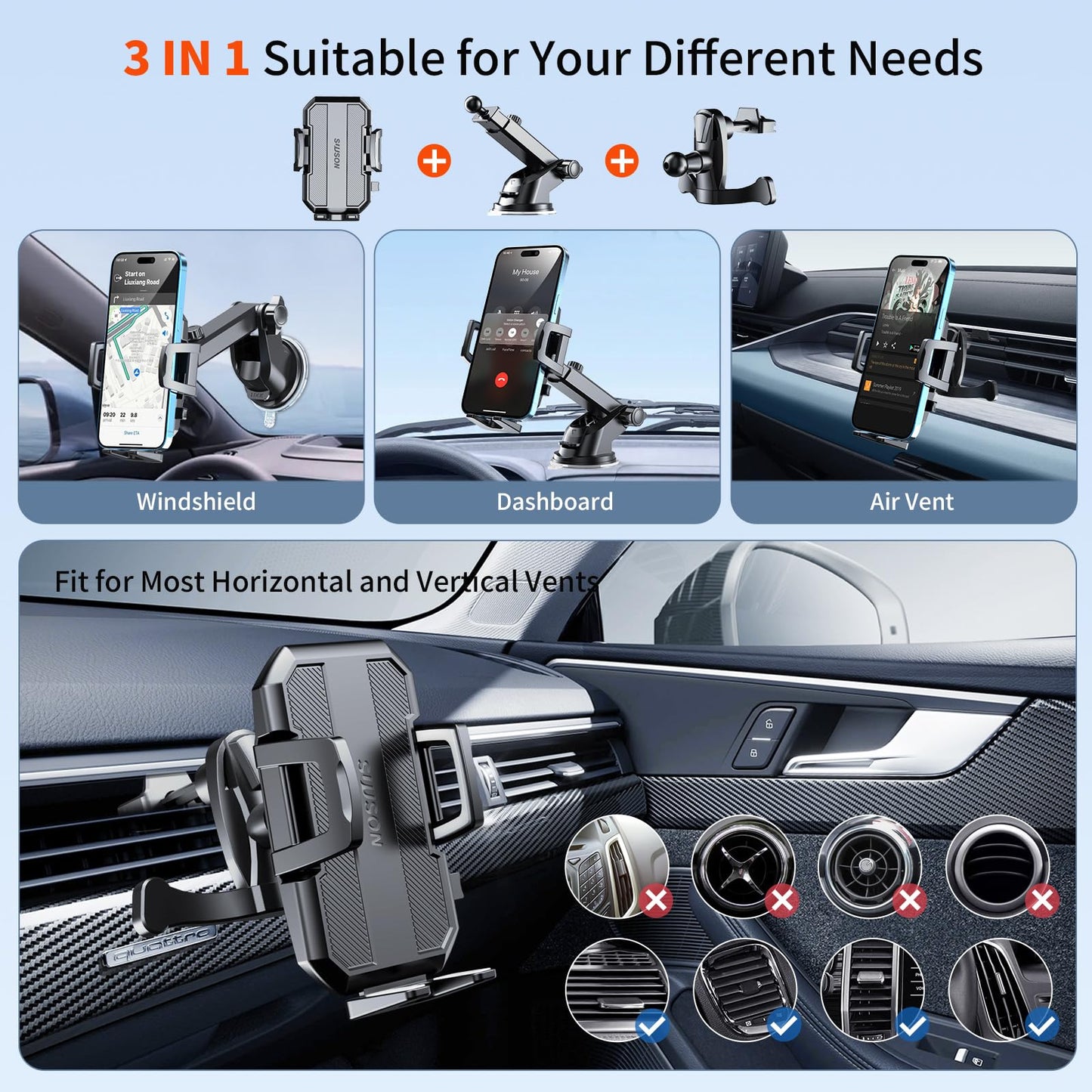 Upgraded 3-in-1 Car Phone Holder Mount [Powerful Suction] Phone Mount for Car Dashboard Air Vent Windshield,for All iPhone Android Phone (Black)