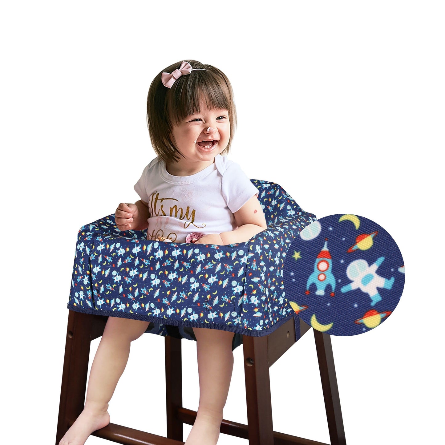 Dual-Belt High Chair Cover, Baby High Chair Cover, Upgrade Version, for Wooden or Restaurant High Chair, Sturdy and Robust Material, Blue Space