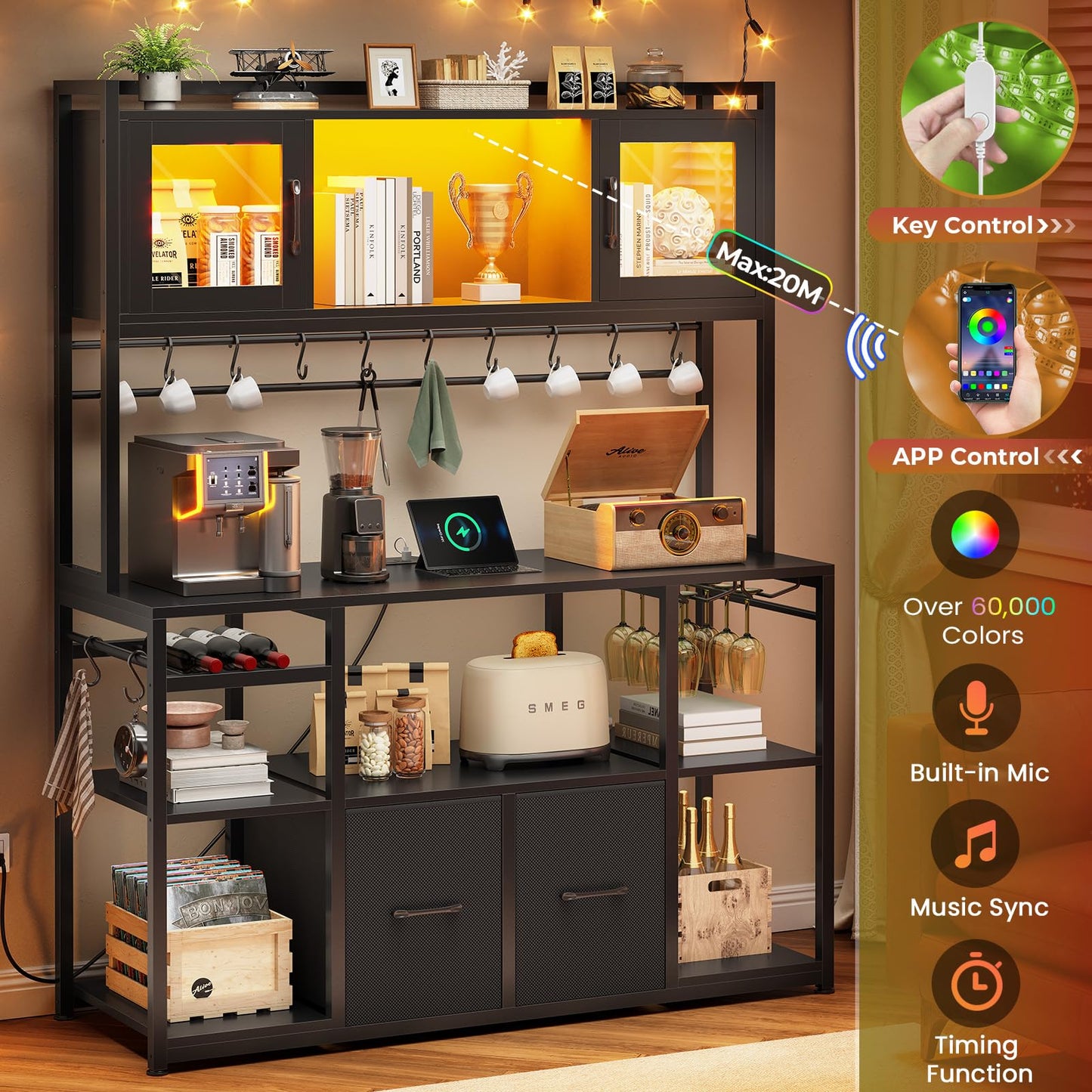 Itaar 47.2 Inch Coffee Bar Cabinet with Power Outlet, Farmhouse Bakers Rack with Storage, Kitchen Microwave Stand with Wine Rack, LED Light, Glass Cabinet, Goblet Holder and 12 Hooks (Black)