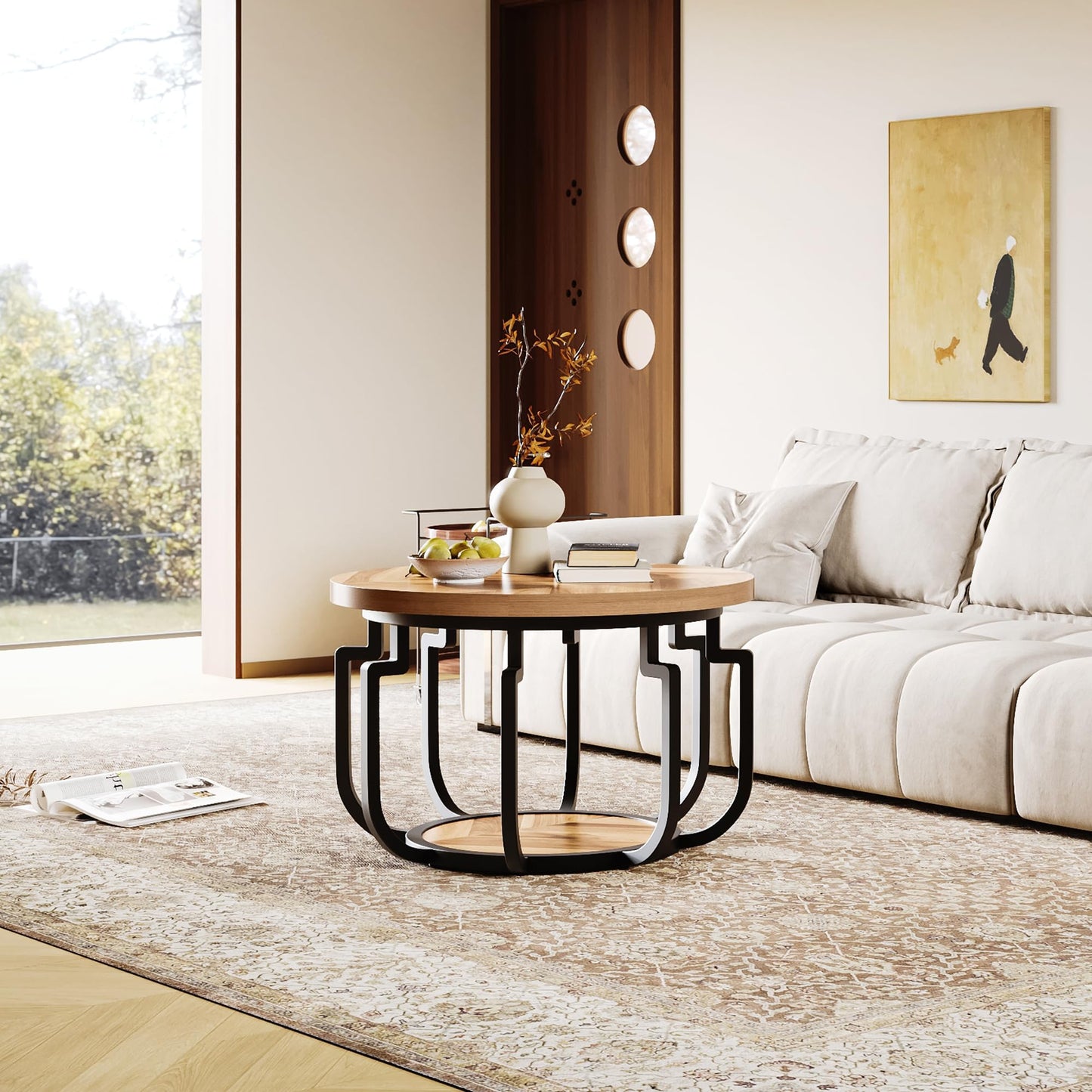 LIKEMET Round Coffee Table, 32" Circle Coffee Table for Living Room with 2-Tier Storage Shelves, Pumpkin Accent Center Table with Wood Grain Desktop for Living Room, Halloween