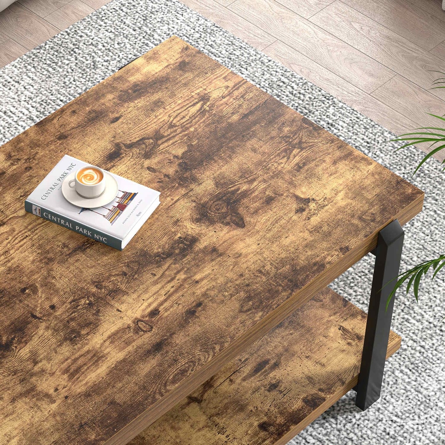 FOLUBAN Modern Coffee Table, Rustic Wood Center Table with Storage for Living Room, Industrial Rectangle 2 Tier Low Cocktail Tea Table, Rustic Brown