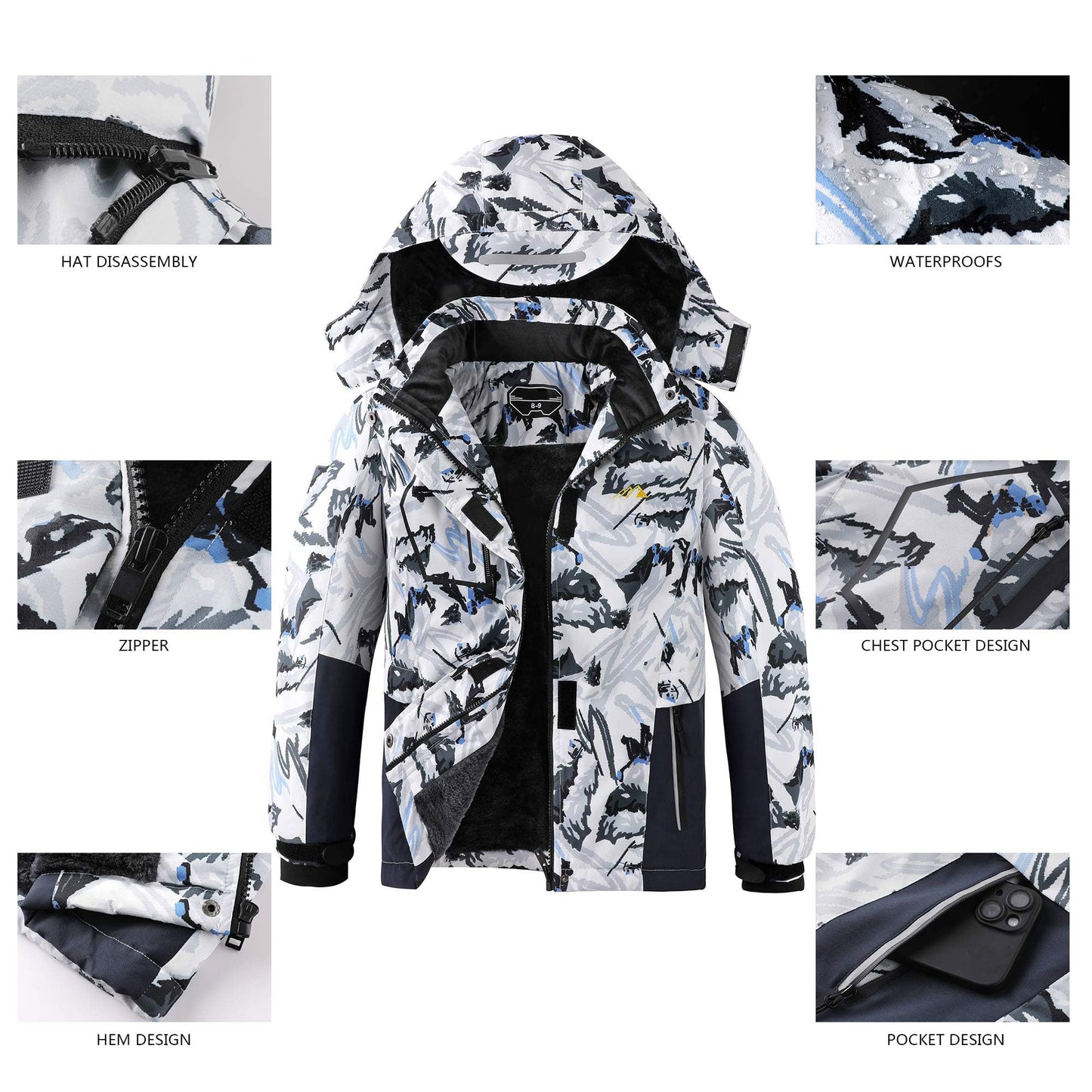 COOKFIP Kid's Ski Jacket Waterproof Boy's and Girl's Warm Fleece Winter Jacket Windproof Hooded Snow Coat (10-12,White Snow Mountain)