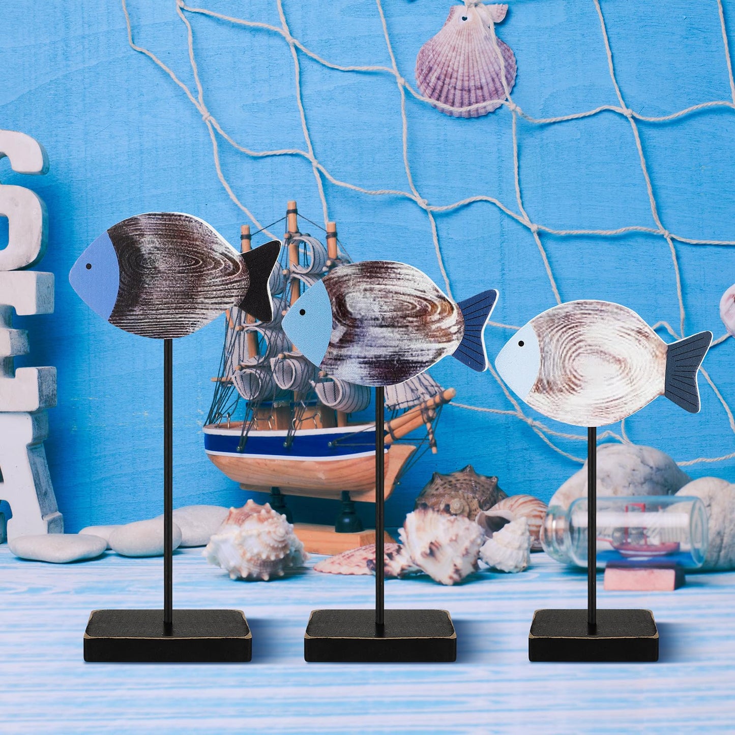Yuntau 3 Pcs Wooden Sea Fish Table Decor Beach House Decor Rustic Wood Fish Decor Summer Coastal Farmhouse Decor Ocean Tiered Tray Decor for Home Office Bedroom Table Shelf Desk