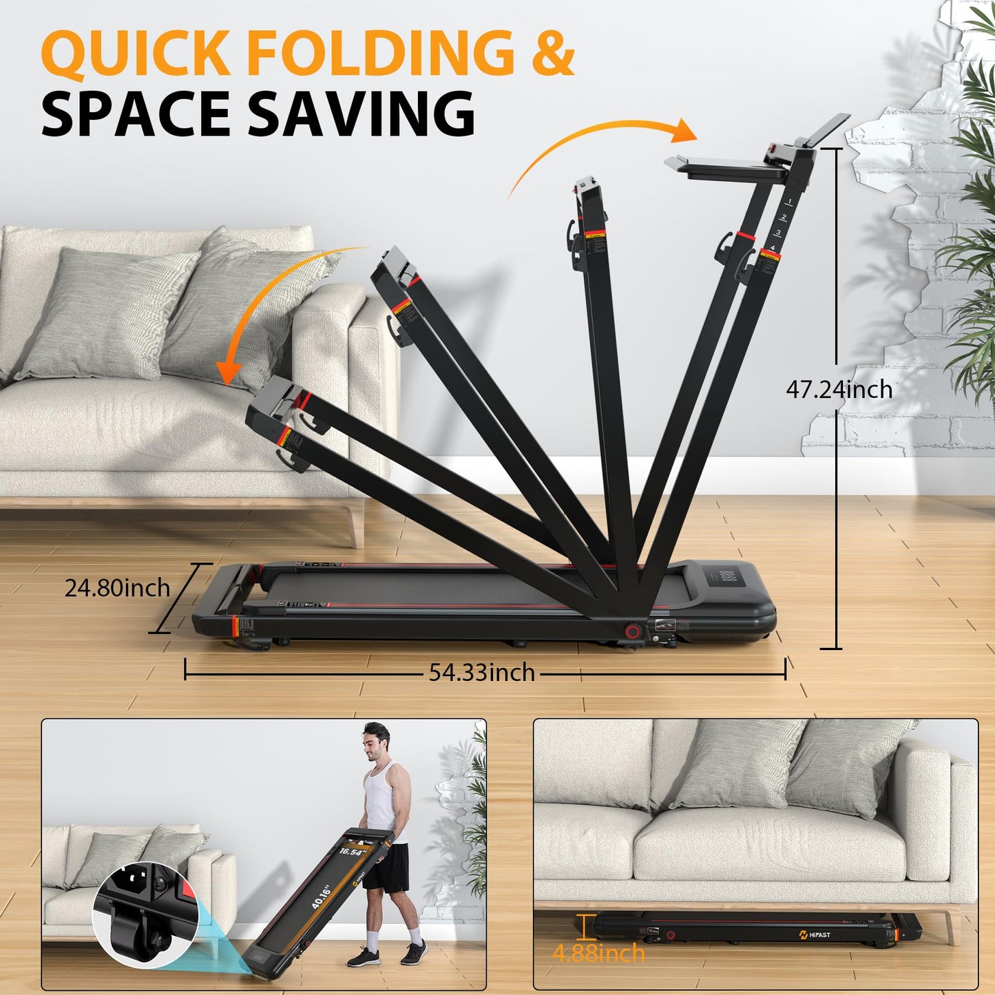 HiFast Walking Pad Treadmill, 3.0HP Under Desk Treadmills with Handle Bar and Incline, 300lbs Capacity with Removable Desk Workstation, Foldable Treadmill with Remote Control, APP for Home Office