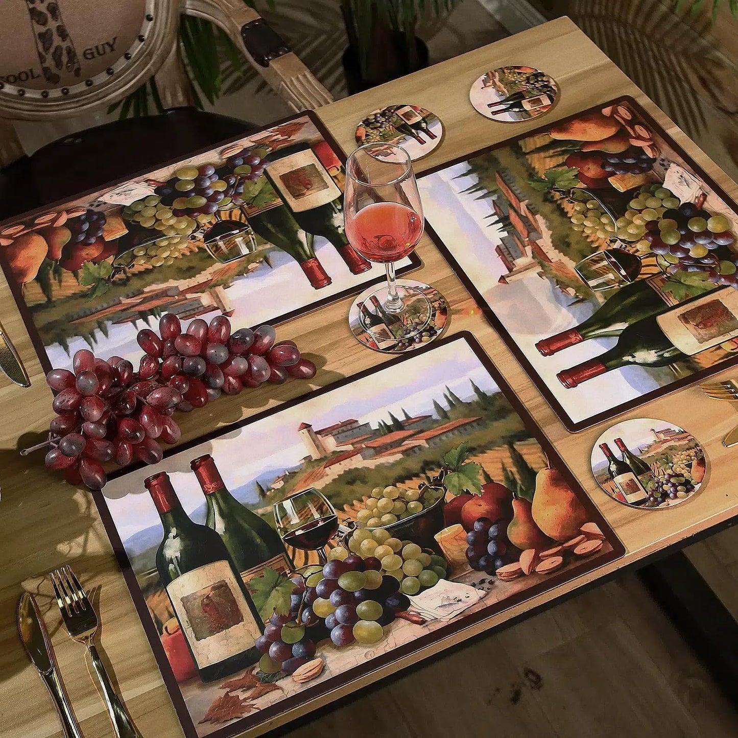 Tiangrid 8 Sets Cork Placemats with Coasters Include Wine Cork Backing Table Mats and Round Coasters Placemats Set for Kitchen Dinner Table Setting Supplies, 12 x 16 Inch (Wine)