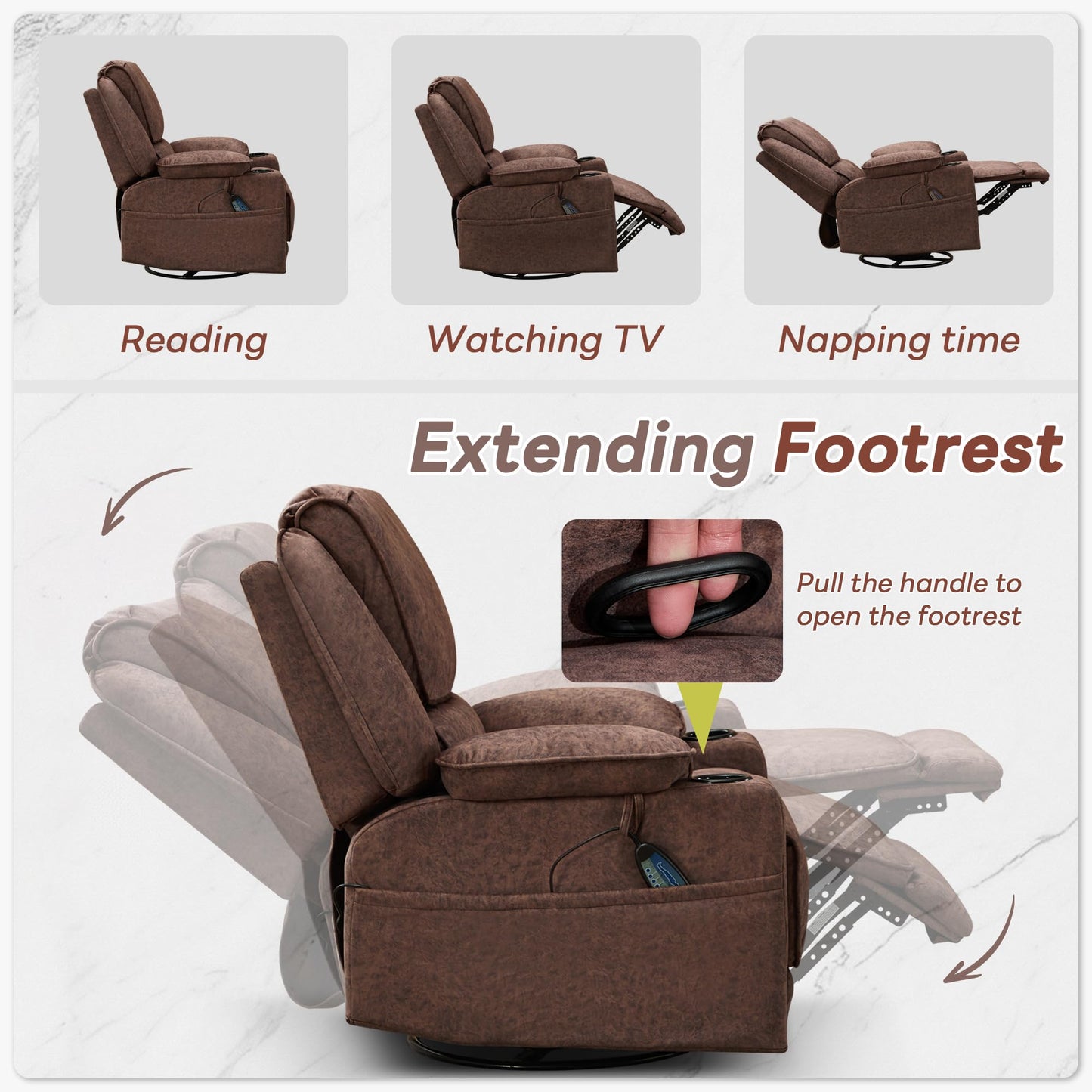 YOCONYO Massage Recliner Chair, Swivel Rocker Recliner with Heat and Vibration, 360 Swivel Manual Single Reclining Sofa with Cup Holder for Adults (Brown)