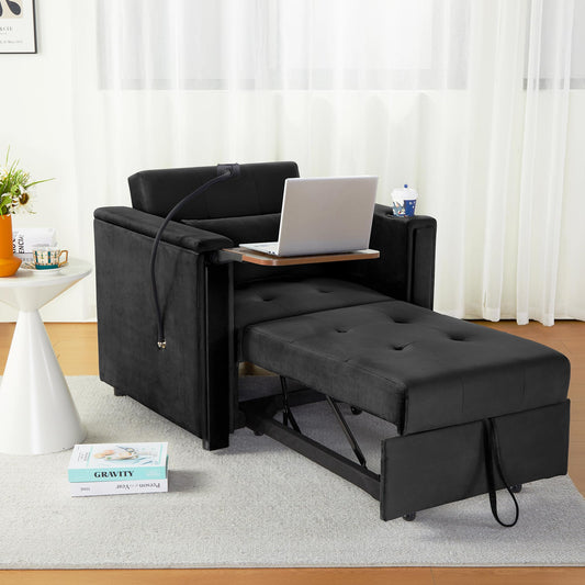 weselon Velvet Convertible Chair Bed, 3 in 1 Multi-Functional Lounge Chair Sleeper, Pull Out Couch Guest Bed with Hidden Table and Adjustable Backrest for Living Room Small Space Apartment (Black)