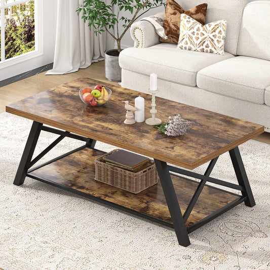 EXCEFUR Modern Coffee Table, Wood and Metal Living Room Center Table with Storage Shelf, Industrial Rectangle Cocktail Tea Table, Rustic Brown, 47 Inch