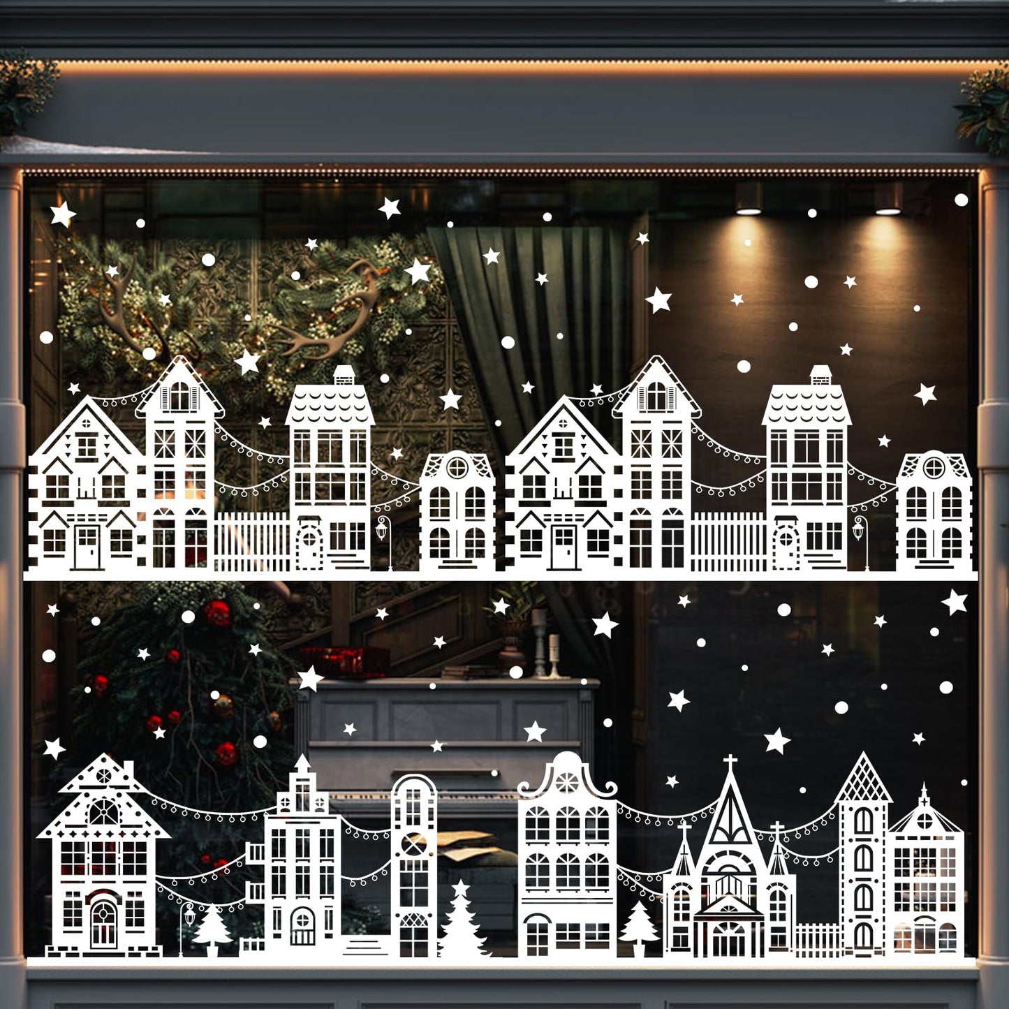 Vellibring 72" Christmas Window Clings - Winter House Decals, Simple Style Reusable Non-Adhesive Street Scene Border Stickers for Home, Cafe, Mall Glass Door, Christmas Decor
