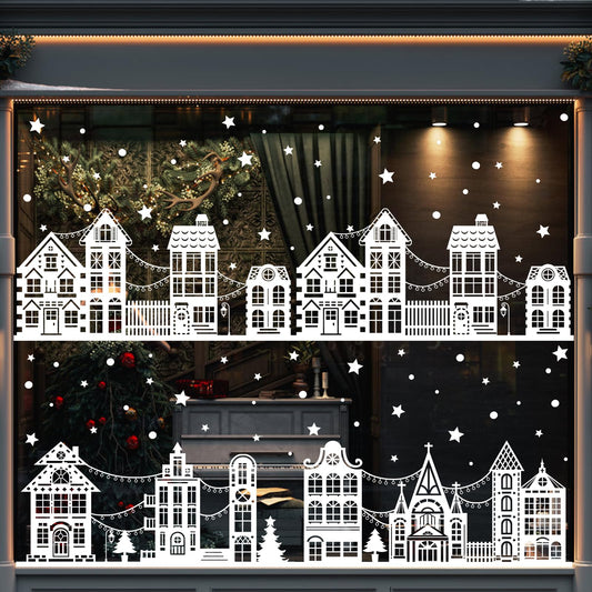 Vellibring 72" Christmas Window Clings - Winter House Decals, Simple Style Reusable Non-Adhesive Street Scene Border Stickers for Home, Cafe, Mall Glass Door, Christmas Decor