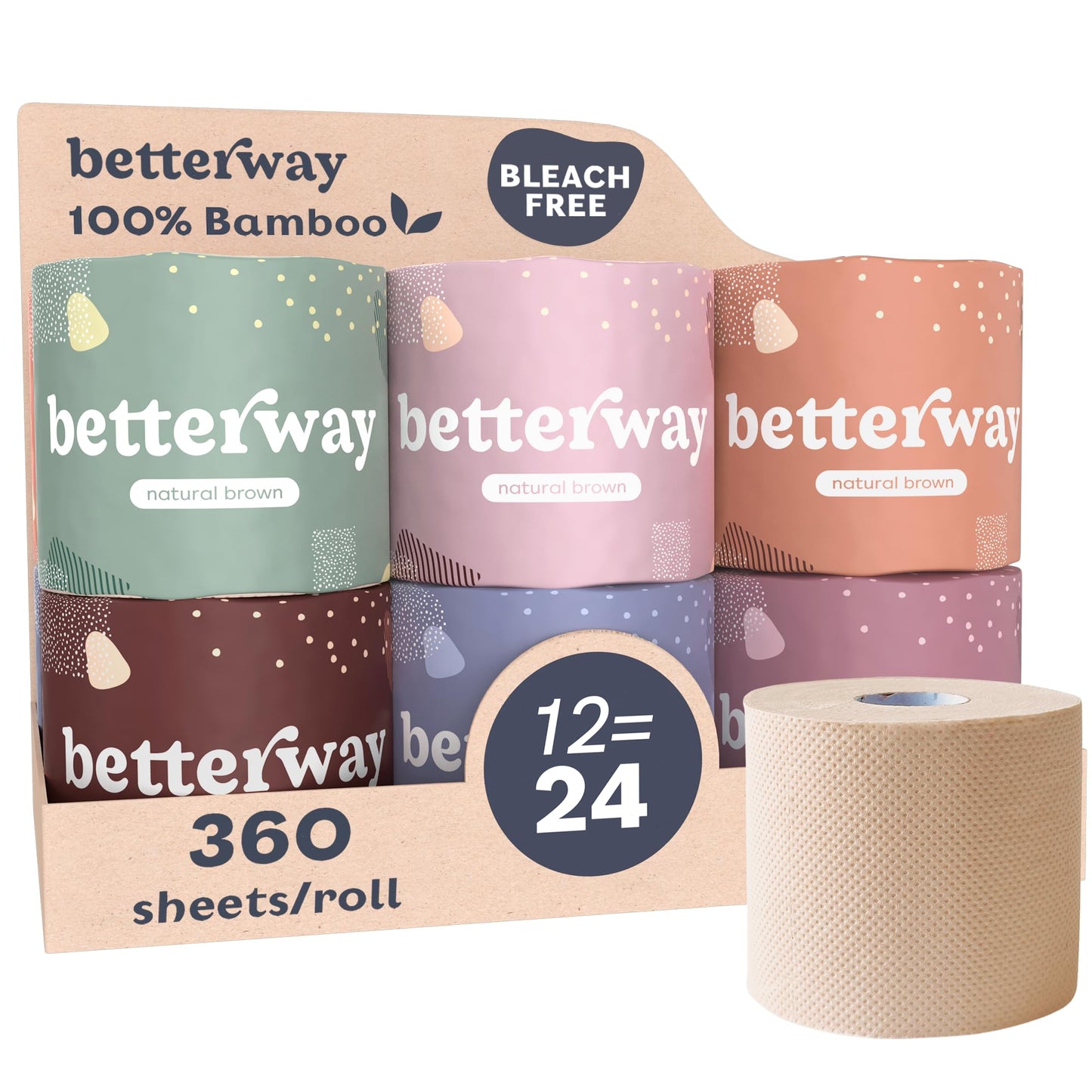 Betterway Bamboo Toilet Paper 3 Ply - Sustainable Toilet Tissue - 12 Double Rolls & 360 Sheets Per Roll - Septic Safe - Organic, Plastic Free - FSC Certified