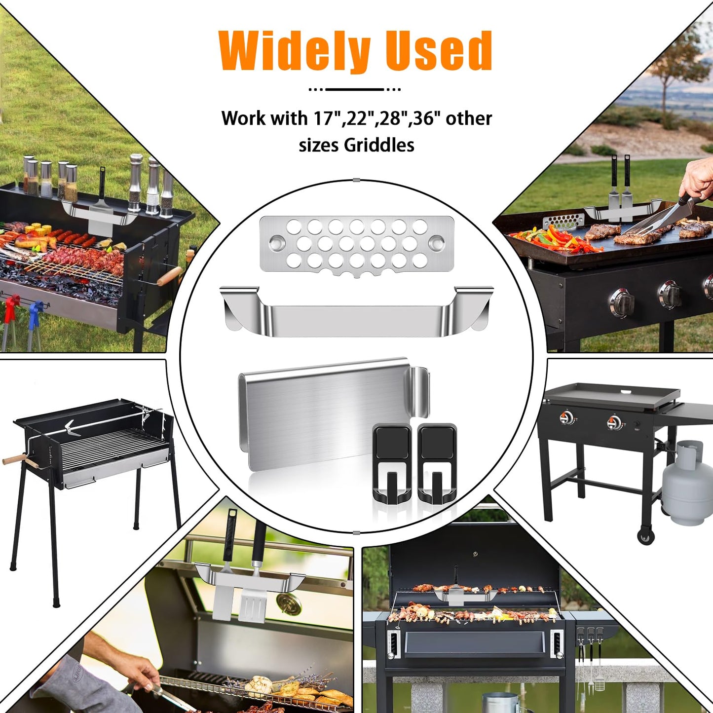 6pcs Magnetic Grease Gate Set, Griddle Spatula Holder and Magnetic Hooks Combo, Stainless Steel Flat Top Griddle Accessories Kit, Grill Tool Holder