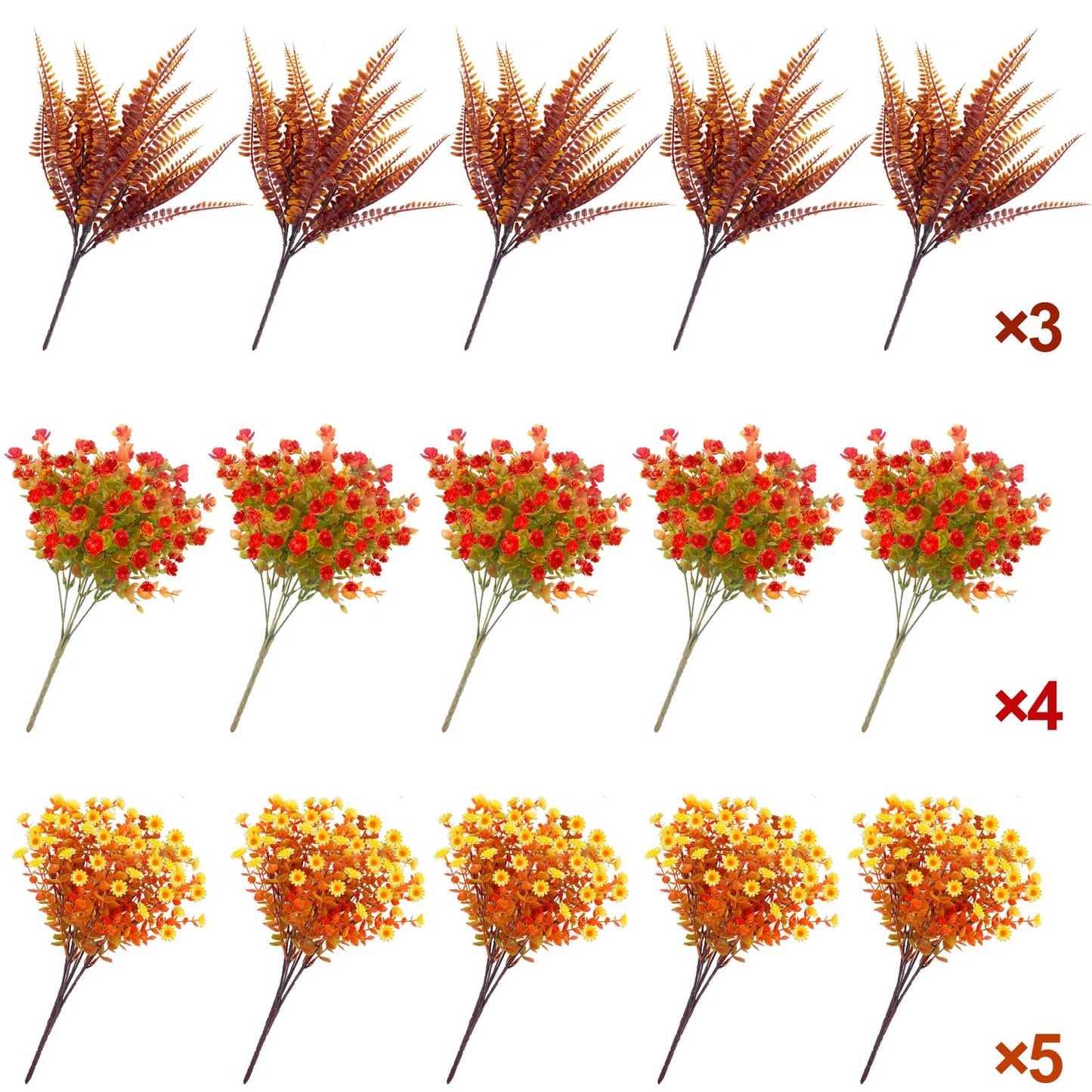 TURNMEON 12 Bundles Artificial Fall Flowers for Outdoors Fall Decorations,UV Resistant Fake Mums Faux Fall Plants Plastic Orange Boston Fern Eucalyptus Home Gardens Porch Autumn Thanksgiving Decor