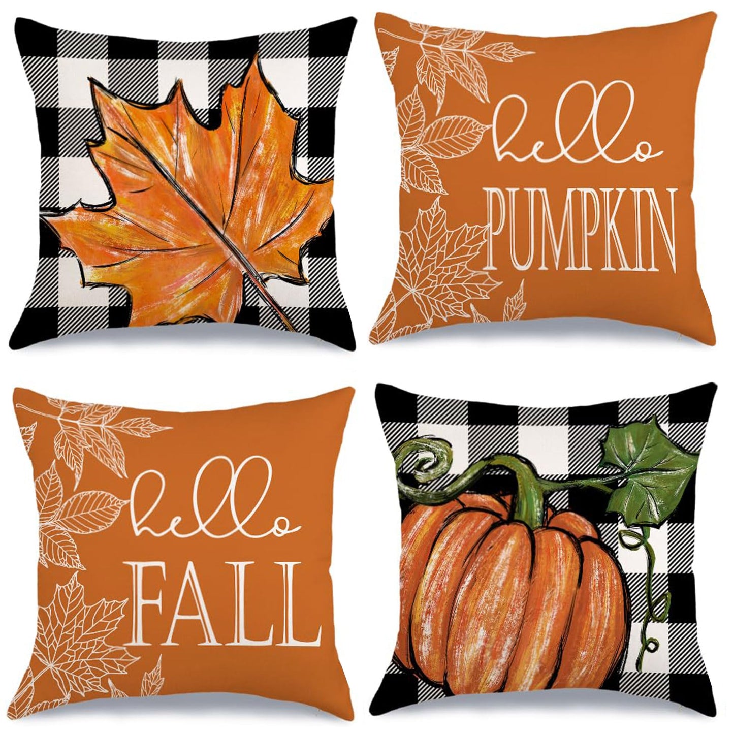 VORA Fall Pillow Covers 18x18 Thanksgiving Pillow Covers Set of 4, Orange Decorative Throw Pillow Covers with Pumpkin Outdoor Fall Farmhouse Decorative, Thanksgiving Themed for Couch