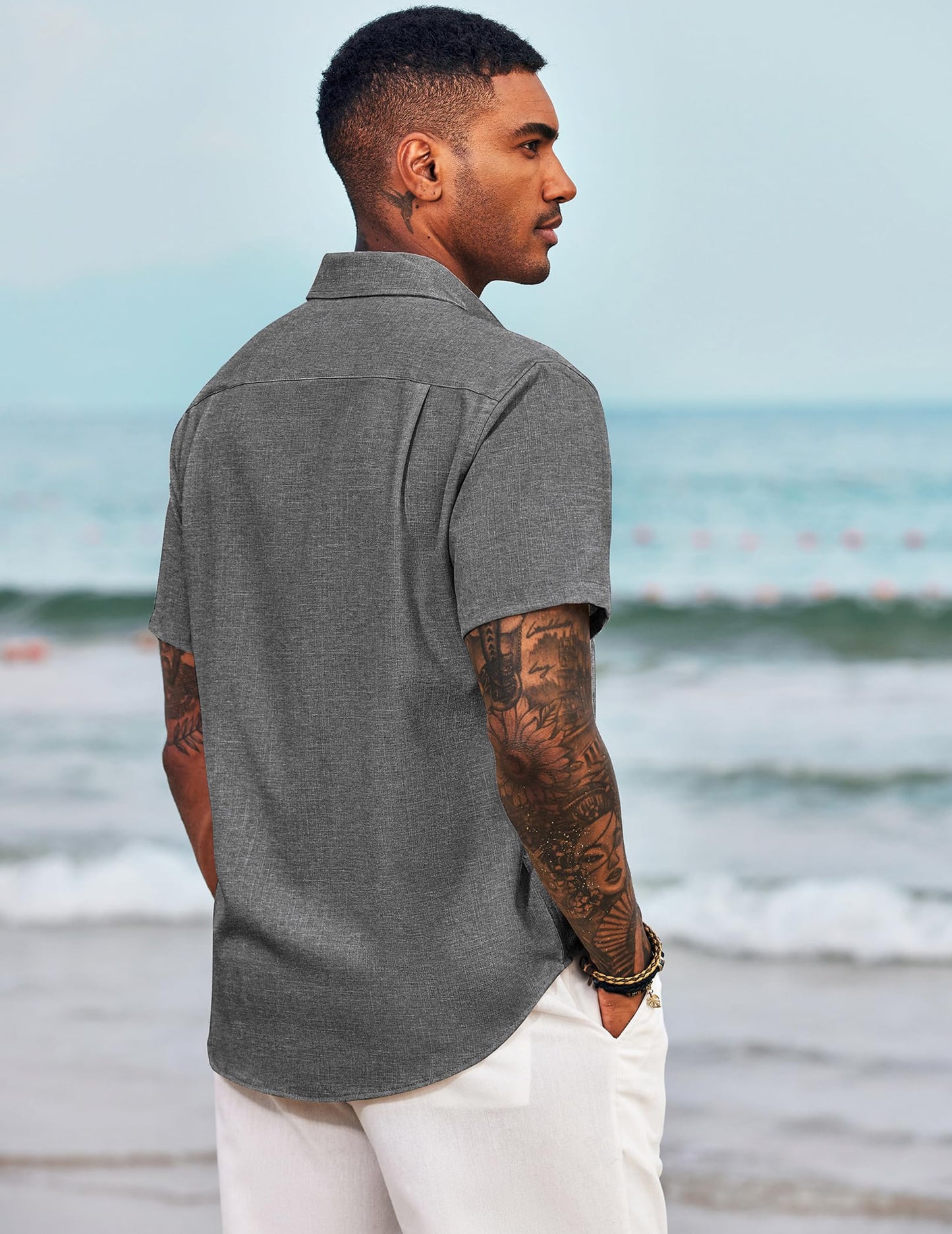 COOFANDY Men's Casual Button Down Shirt Chambray Plain Short Sleeve Dress Shirt