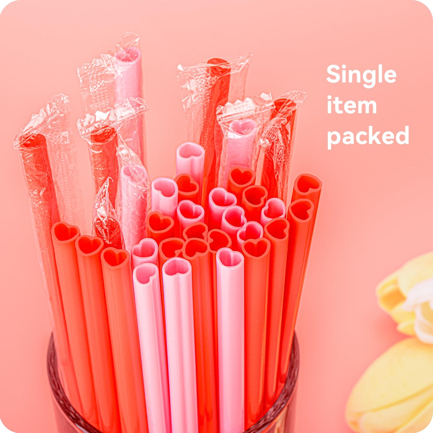 Snowfall 50 pcs Pink Heart Shaped Disposable Straws- Plastic Drinking Cute Straw for Valentines Day Cocktail Birthday Party Bridal Shower Wedding Supplies, Individually Wrapped, Pink