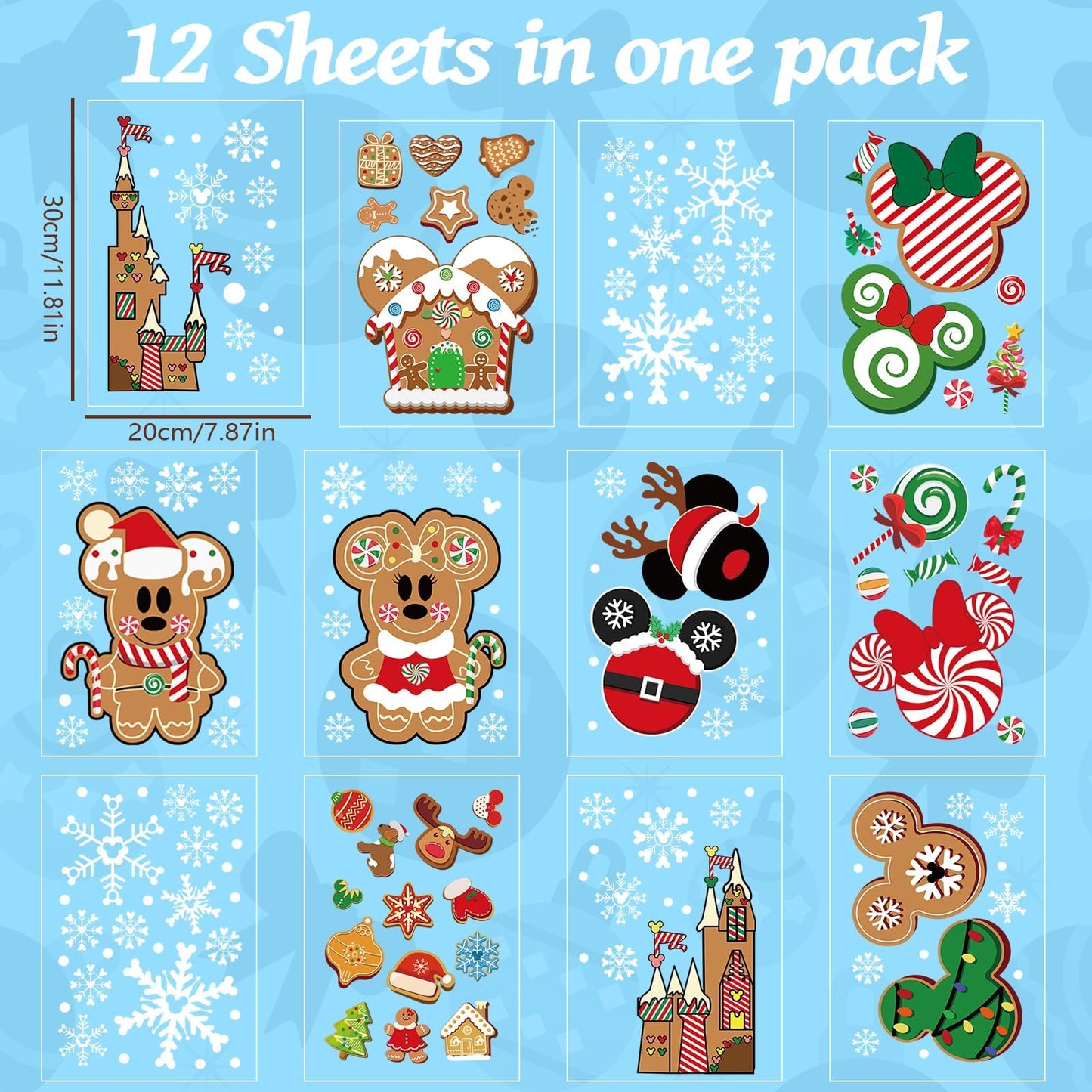 Christmas Gingerbread Window Cling Decorations - 12 Sheets Double-Sided Christmas Gingerbread Sticker for Window Decor, Mouse, Castle, Snowflake Stickers for Indoor Office Home Decor
