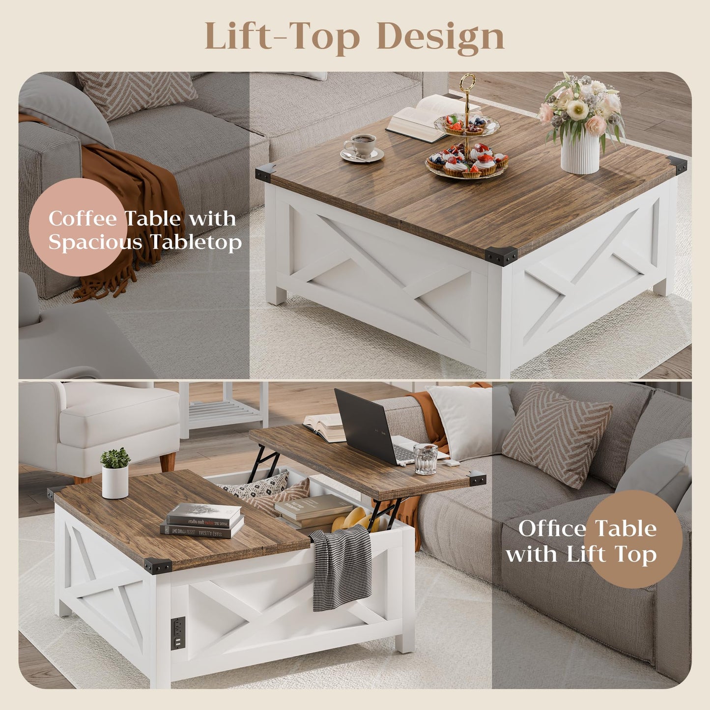 MU Lift Top Coffee Table, Square Coffee Table with Hidden Storage, Farmhouse Wood Table with Charging Station and Barn Door for Living Room, White