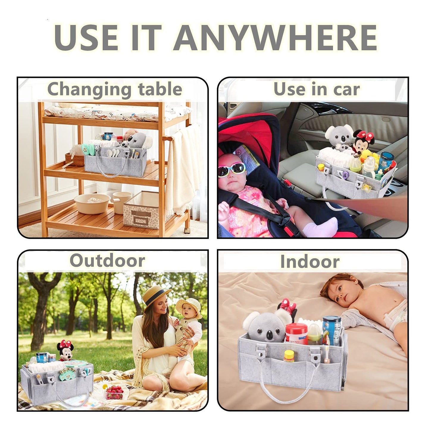 XUANGUO Baby Diaper Caddy Organizer with Handle - Gender Neutral Nursery Storage Bin Basket - Portable Tote Bag - Car Organizer - Newborn Essentials - Grey