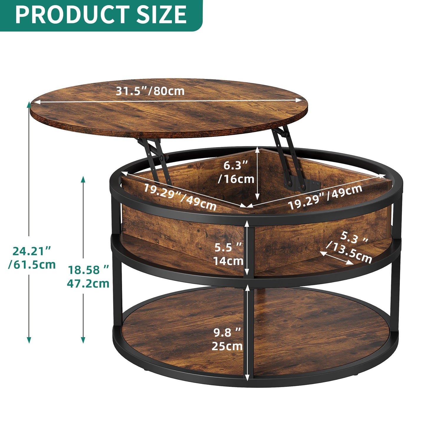 YITAHOME Round Lift Top Coffee Table with Storage, Brown Farmhouse Coffee Tables for Living Room Modern Coffee Table with Hidden Storage Compartment, Round Center Tables Living Room Home Office, Brown