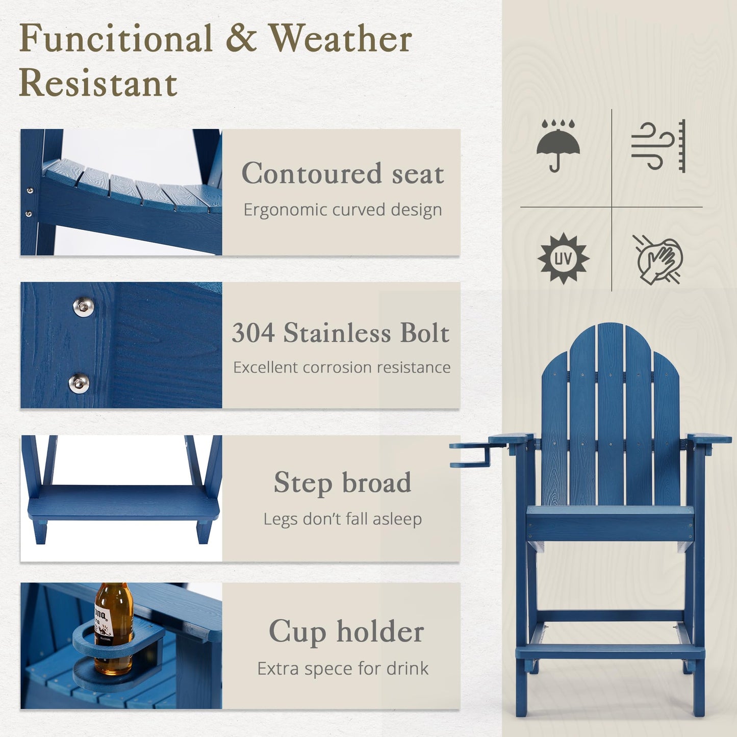 LUE BONA Tall Adirondack Chairs Set of 2, Recycled Poly Adirondack Chair Bar stools with Cup Holder, 25.6", 300Lbs, Eco-Friendly, Weather Resistant Lifeguard Chair for Balcony,Deck