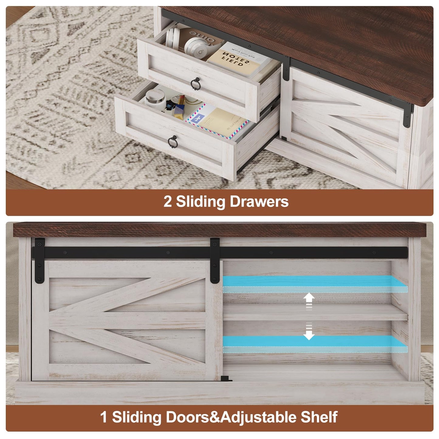 Itaar 39.4'' Lift Top Coffee Table with Storage, Farmhouse Coffee Tables for Living Room, Square Coffee Table with Large Hidden Compartment & 2 Drawers & Adjustable Shelves, White