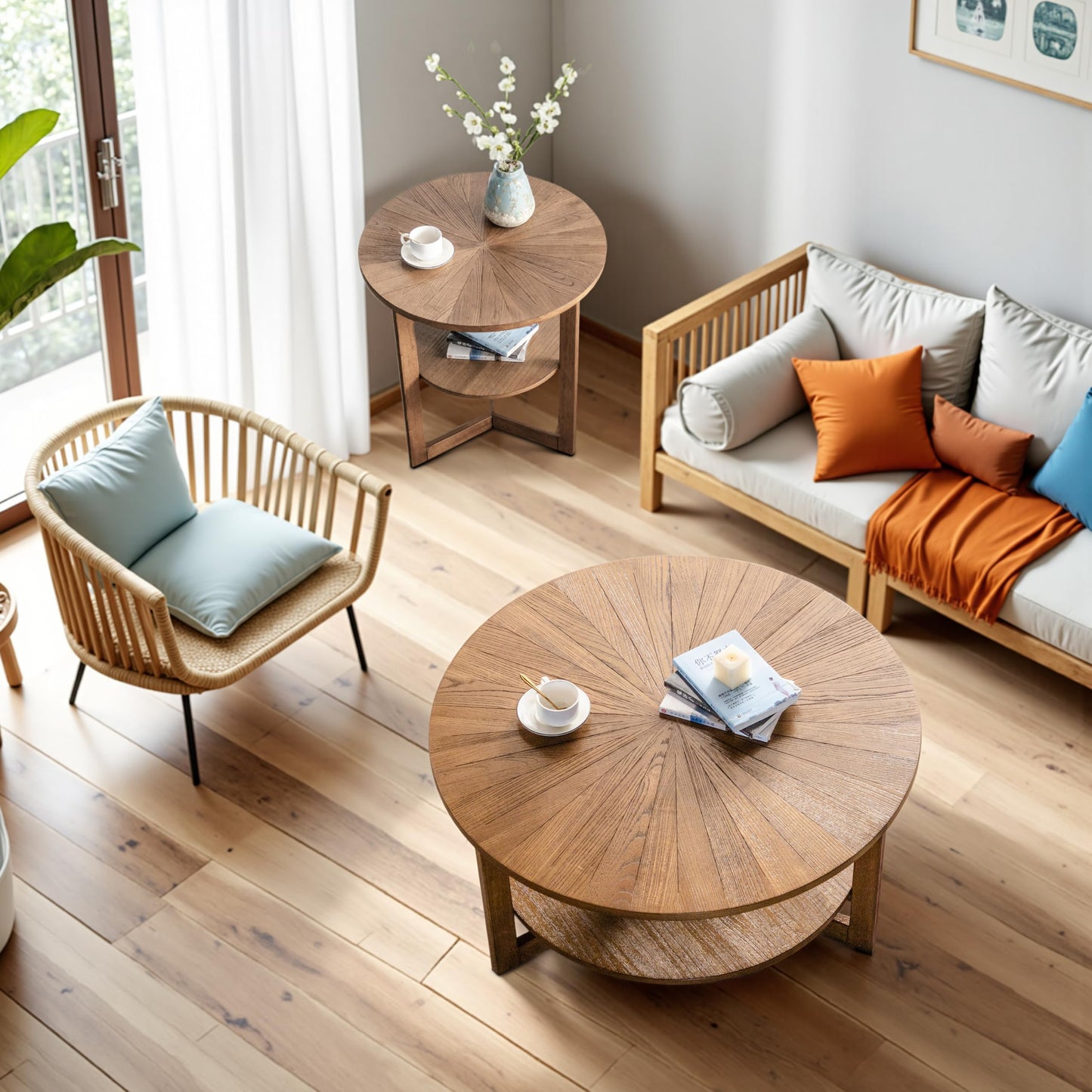 DS-HOMEPORT Wood Round Coffee Table for Living Room, 2 Tier Circle Coffee Table with Storage, Rustic Natural Coffee Table for Apartment, Easy Assembly (Espresso,35" Dx35 Wx18 H)