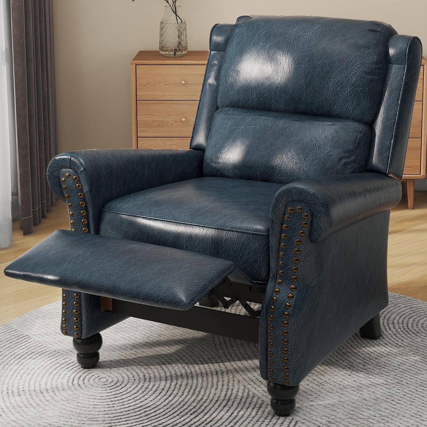 Pushback Recliner Chair,Upholstered Wingback Chair for Small Spaces,2 Set of PU Leather Armchair for Living Room,Single Sofa Accent Chair Reading Seat for Balcony,Bedroom-Navy Blue