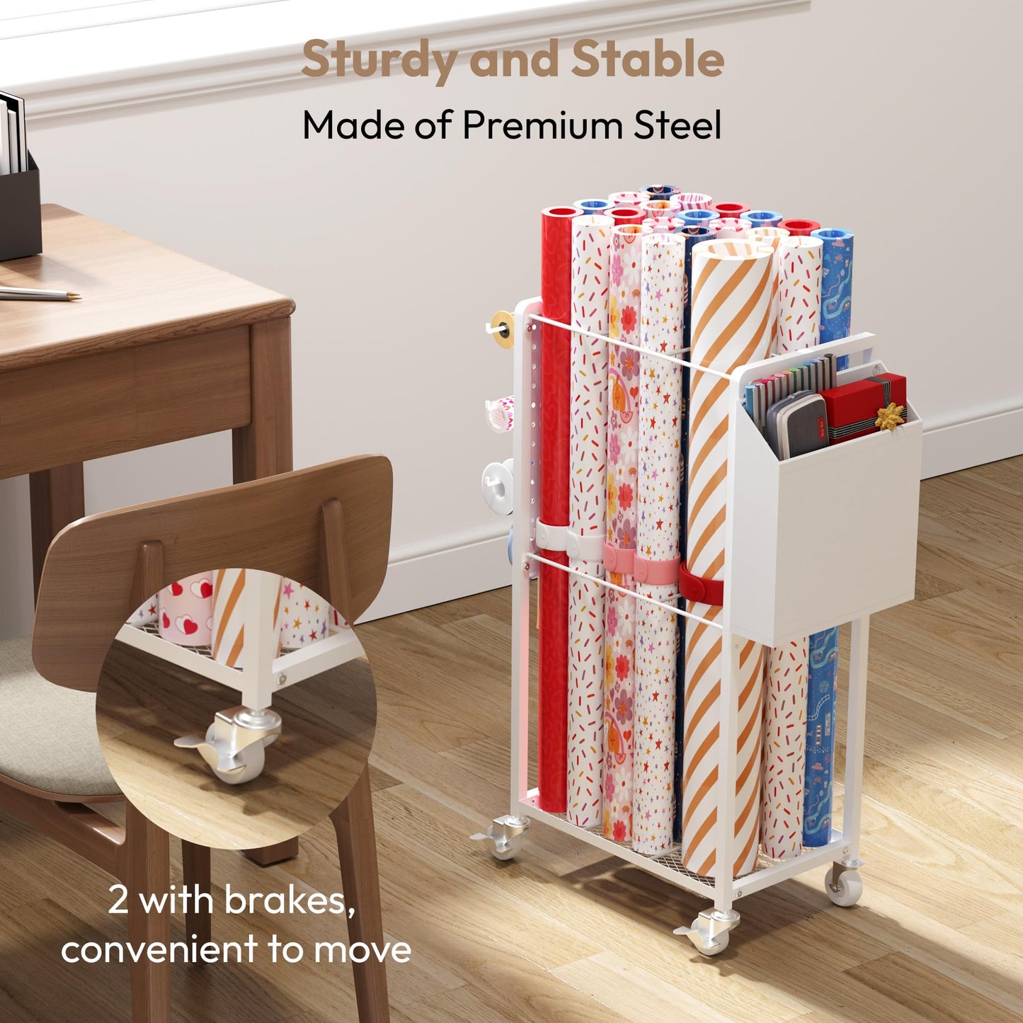 Sunnacate Wrapping Paper Organizer Cart with 12PCS Slap Bands, Rolling Gift Wrapping Organizer Storage Wrapping Paper Station Ribbon Holder, Blueprint Poster Holder, Craft Organizers and Storage