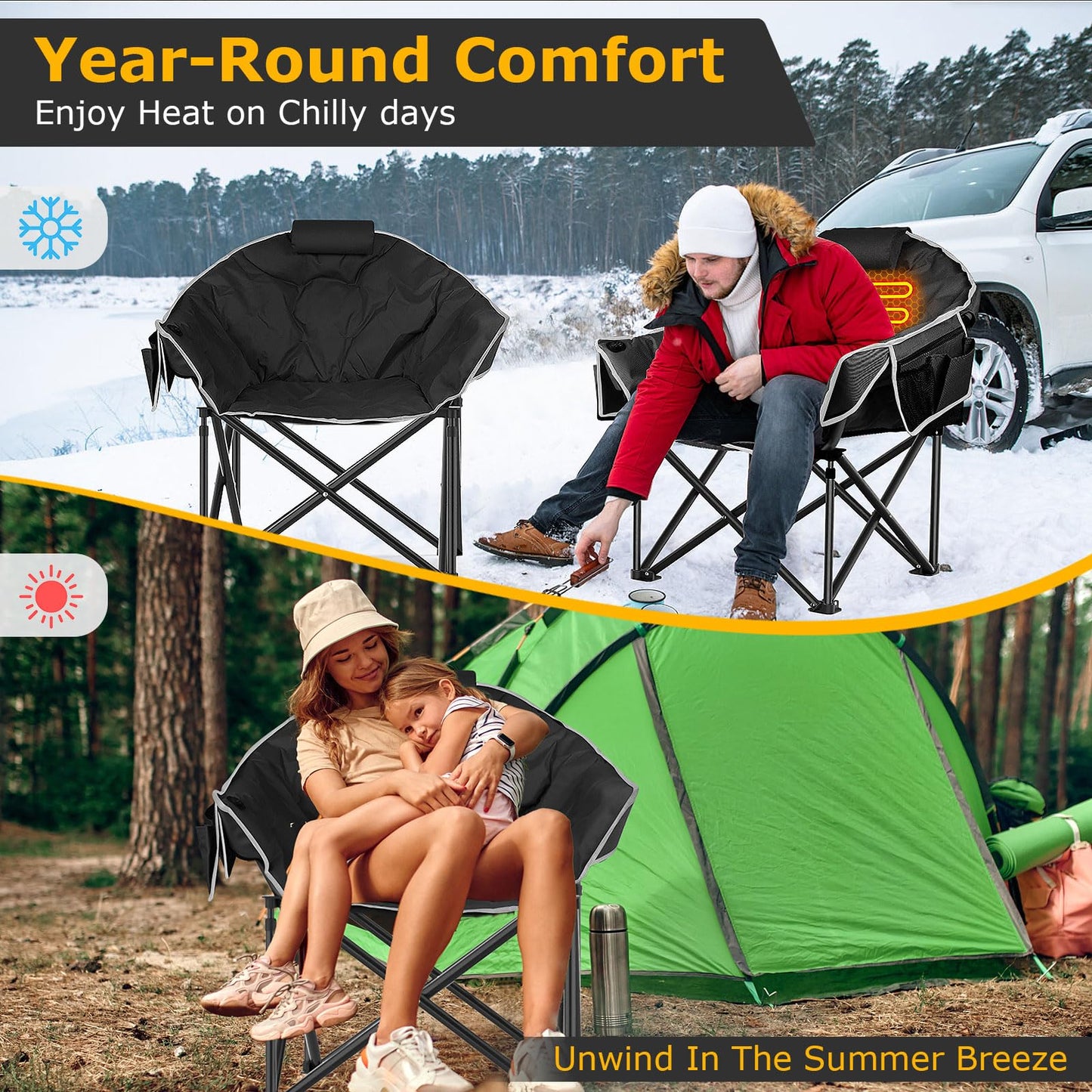 ZENPETIO Heated Camping Chair, Oversized Heated Chair for Adults Outdoor Sports, Dual Heating Zones with 3 Levels, Portable Folding Heated Chairs for Camp, Sports, Lawn with 20000mAh Battery